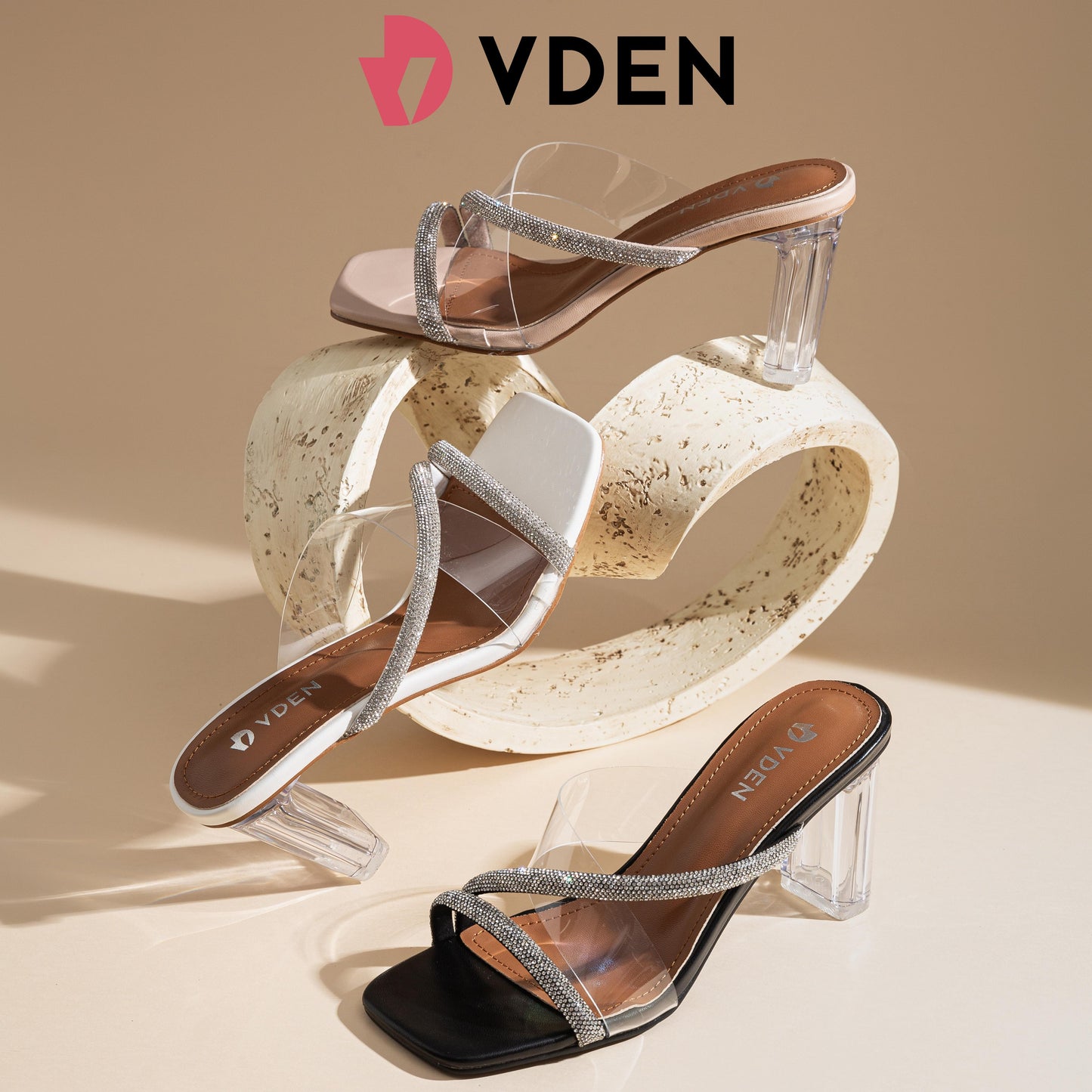 VDEN Heels Women's High-heeled Sandals  Horseshoe Heels 3INCH/7.7CM 1855-D1 Comfort Elegant Girl Footwear Classy Open Toe Rhinestones Decoration Transparent Strap Crystal Heels Sexy Sandals Heels