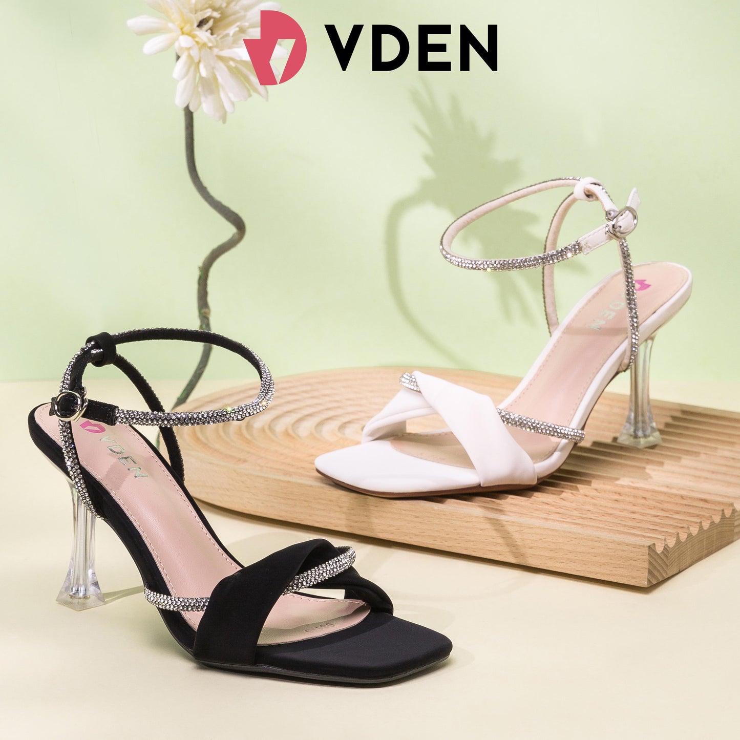 VDEN Open Toe Mid Heels Ankle Strap Rhinestone Clear Sandal 3.2INCH/8.5CM 631-5 Rhinestone Decorated Crystal Heel High Heels Open Toe Single Strap Sandals Stiletto Sexy High Heels Party High Heels