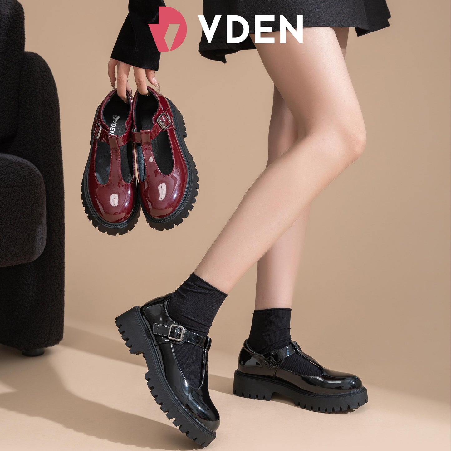 VDEN Mary Jane Shoes Women Platform Round Toe Chunky Heel T-Strap 1.6INCH/4.2CM 478A-7 College Style Patent Leather Thick-soled Loafers Solid Color Women's Leather Shoes