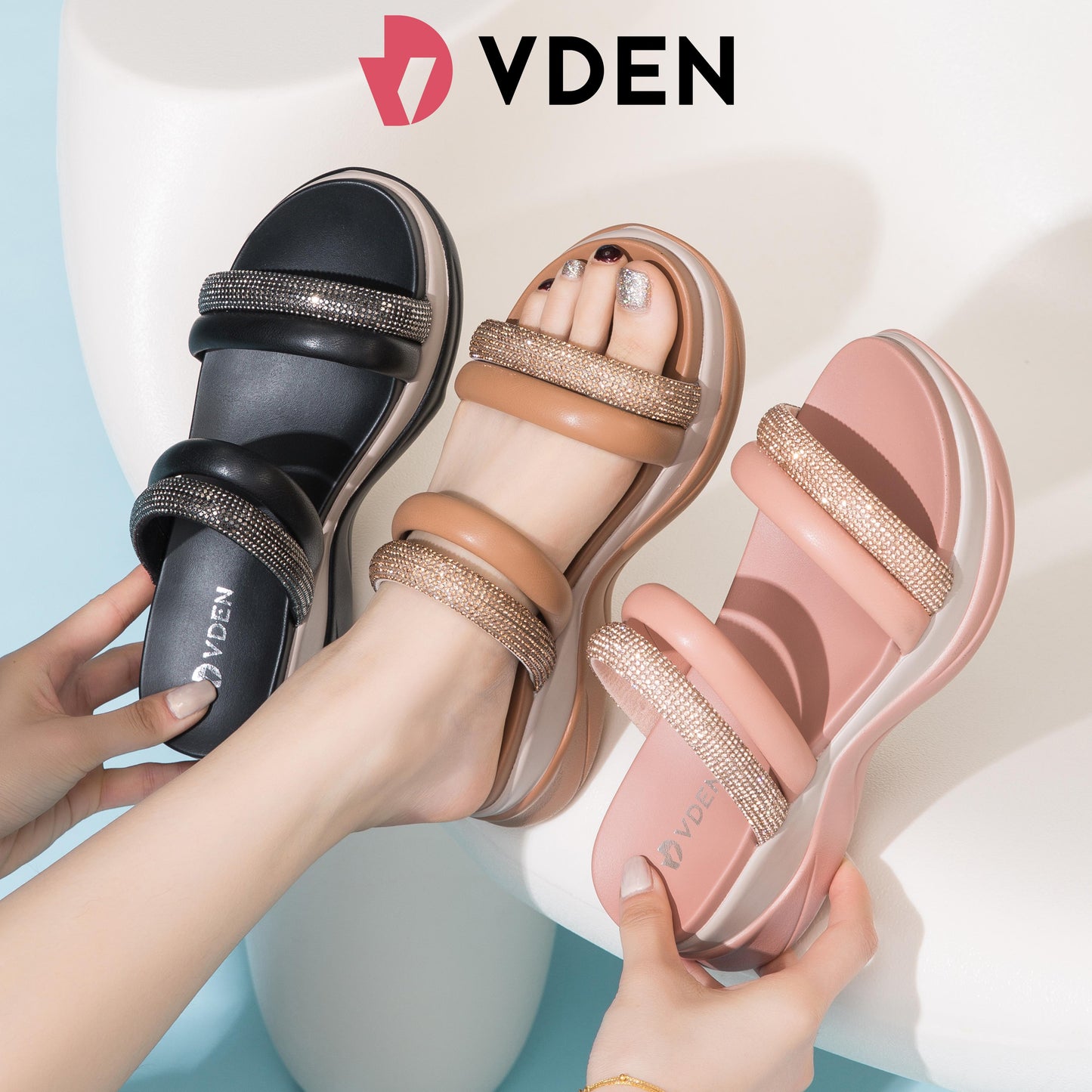 VDEN Elegant Double Strap With Rhinestone Wedge Sandals 1.4INCH/4.5CM Women's Simple Thick-soled Fashion Sandals Korean Style Rhinestone Temperament Casual Sandals Women's Slippers 23518-B