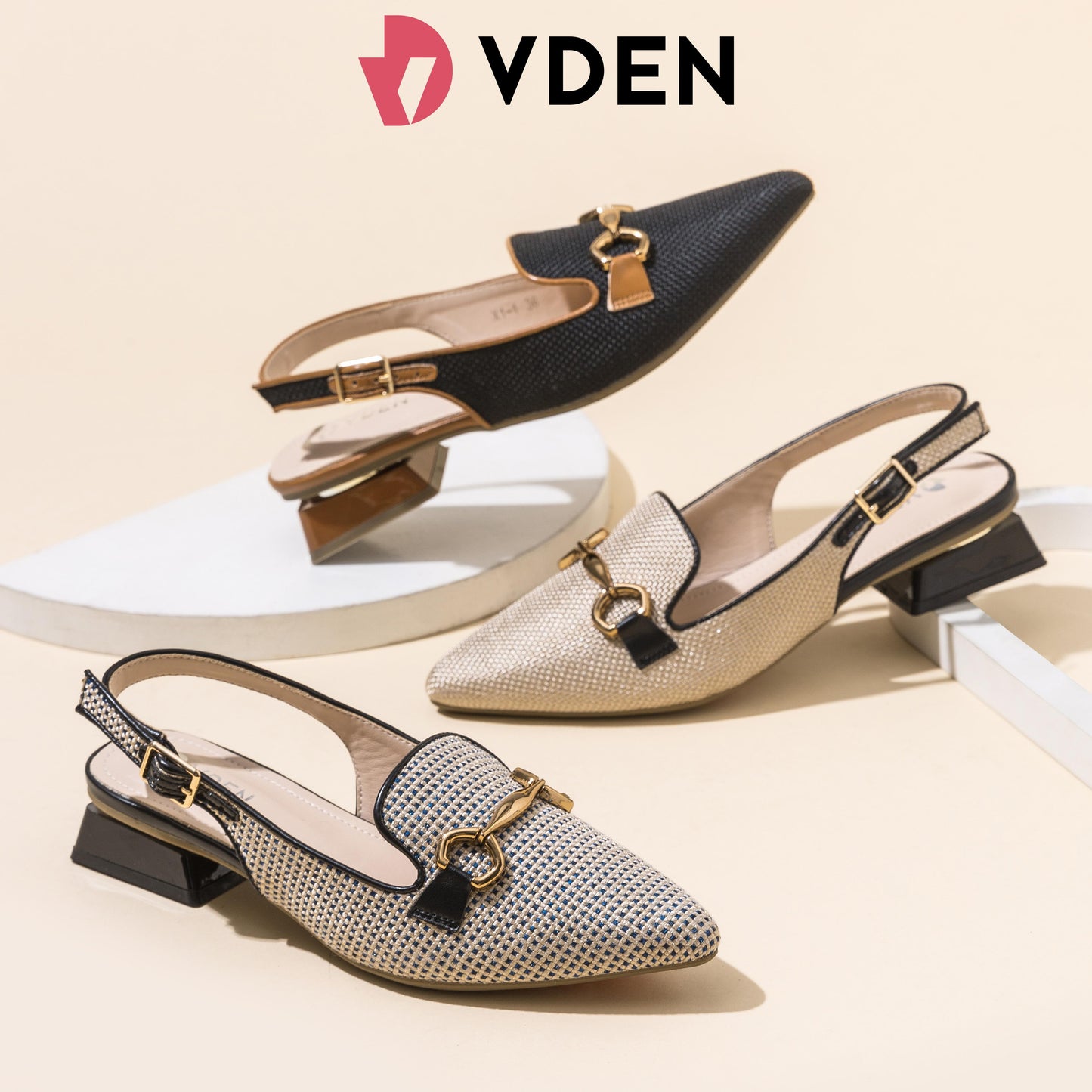 VDEN Stylish Slingback Mules Women's Shoes With Pointed Toe Thick Heel And Metal Buckle For Women 1INCH/2.8CM X1-1 Elegant Women’s Slingback Heels – Textured Pointed Mules with Metal Buckle Design Low Heeled Slingback Sandals with Horsebit Chain Detail