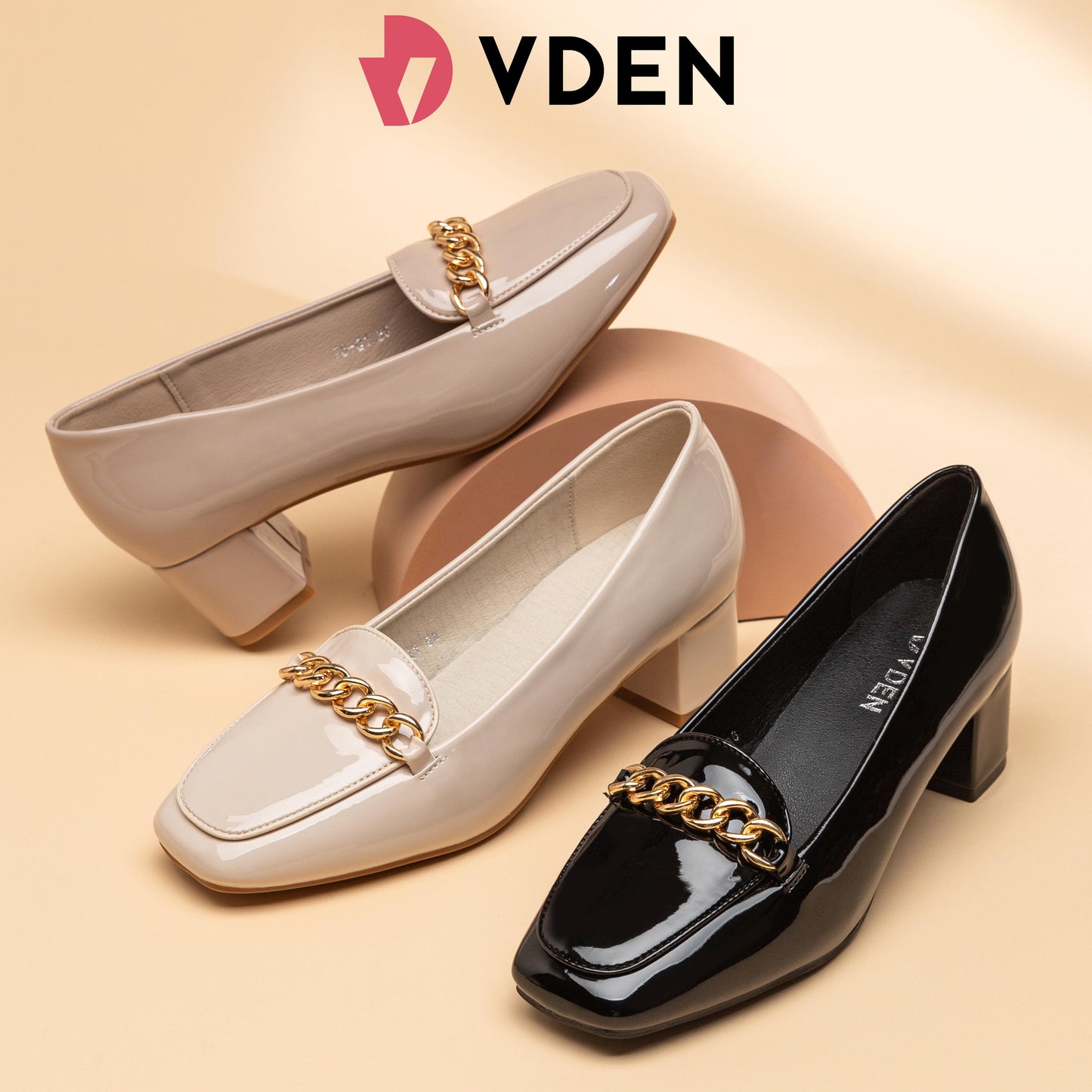 VDEN Loafer Heels Buckle Square Toe Shoes for Women 6CM/2.5INCH Women's Square Toe Thick Heel Office Shoes 78-Q1 Patent Leather Thick Heel Commuter Heels Classy