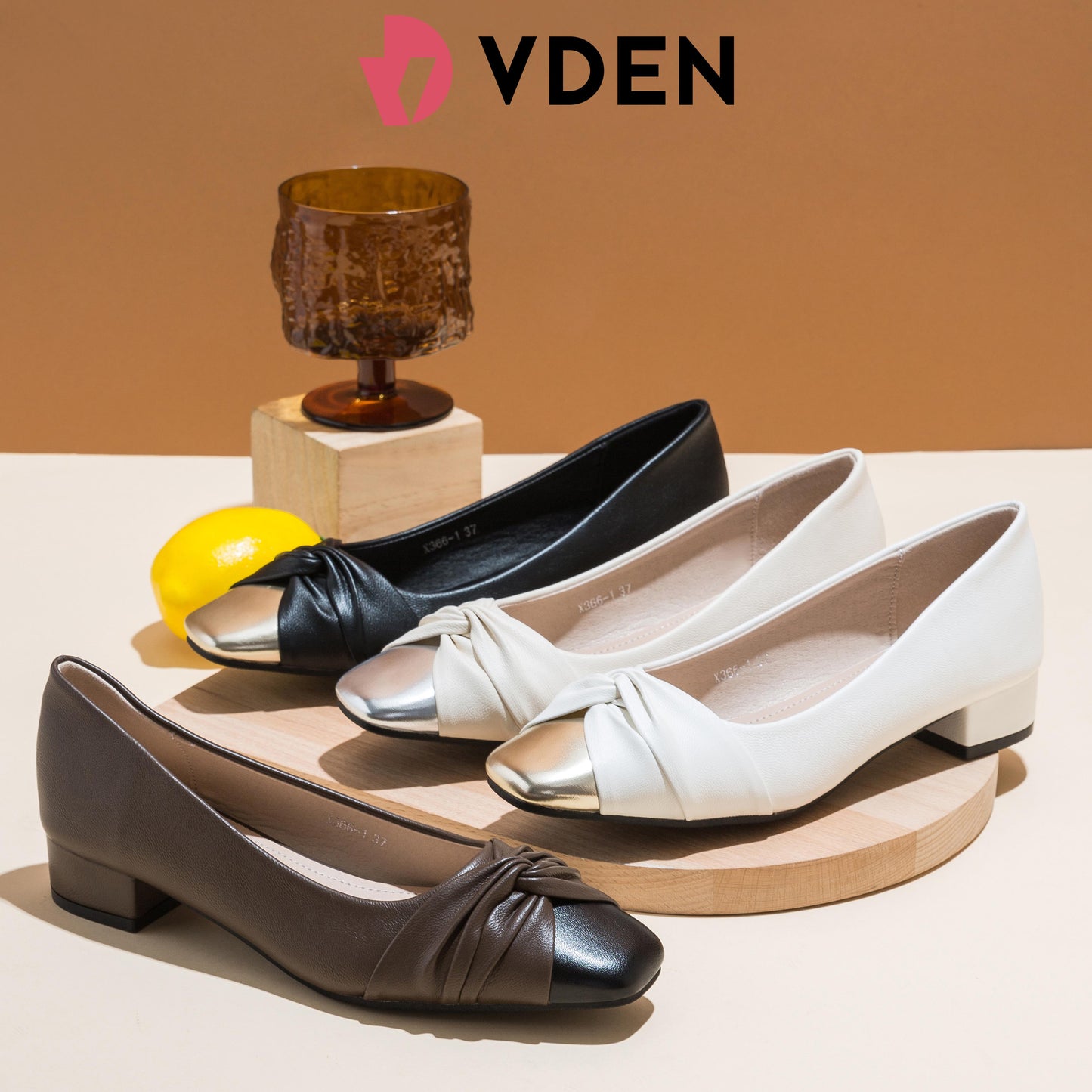 VDEN Pleated Chunky Heels For Women 3CM/1.1INCH X366-1 Retro Color Block Heel Slip-on Shoes Classy Versatile Office Women's Shoes