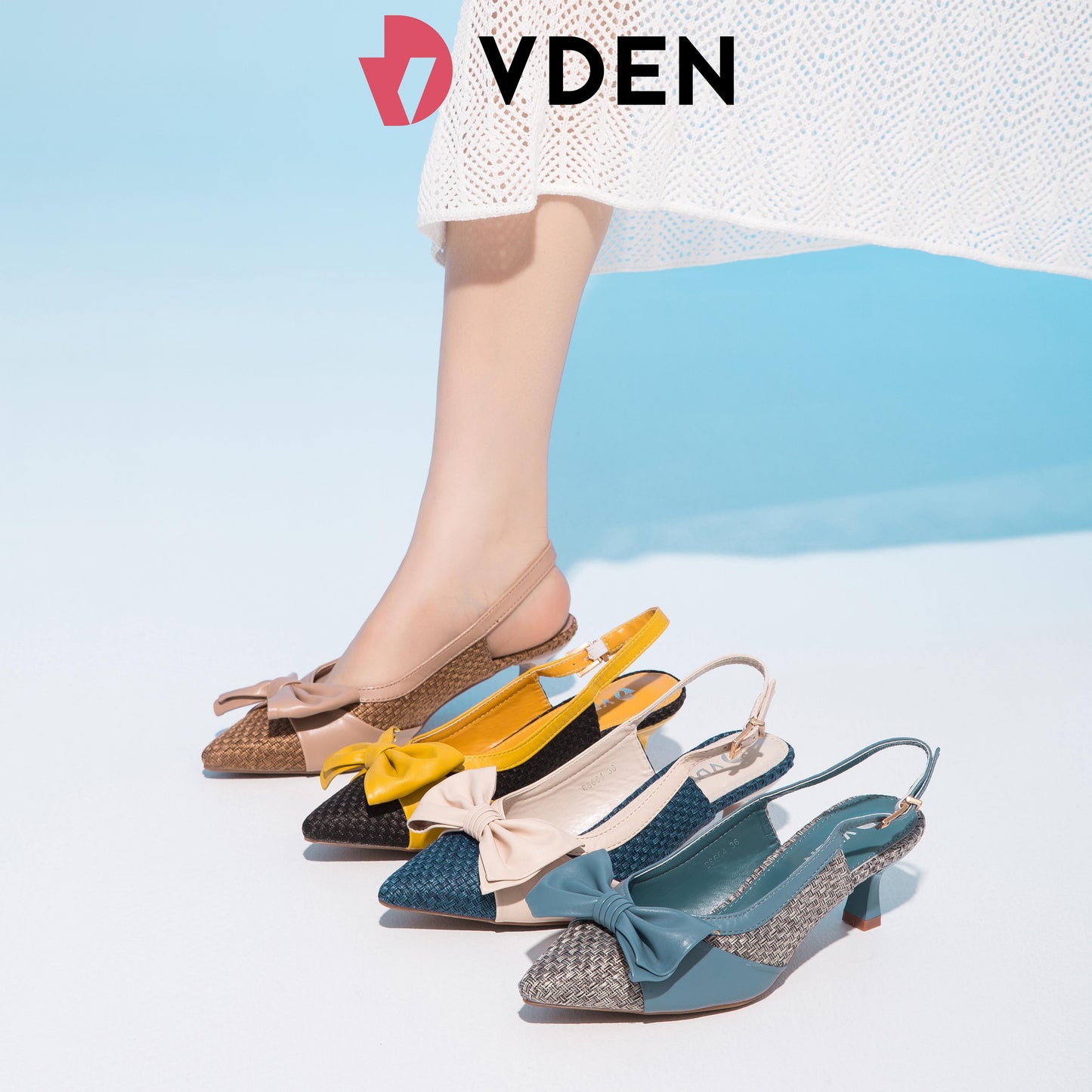 VDEN Women’s Fashion Fabric Woven Pointed Back Strap Heel 2.2INCH/6CM B8664 Color Block Fashionable Braided Pointed Toe Stilettos New Bow Heels