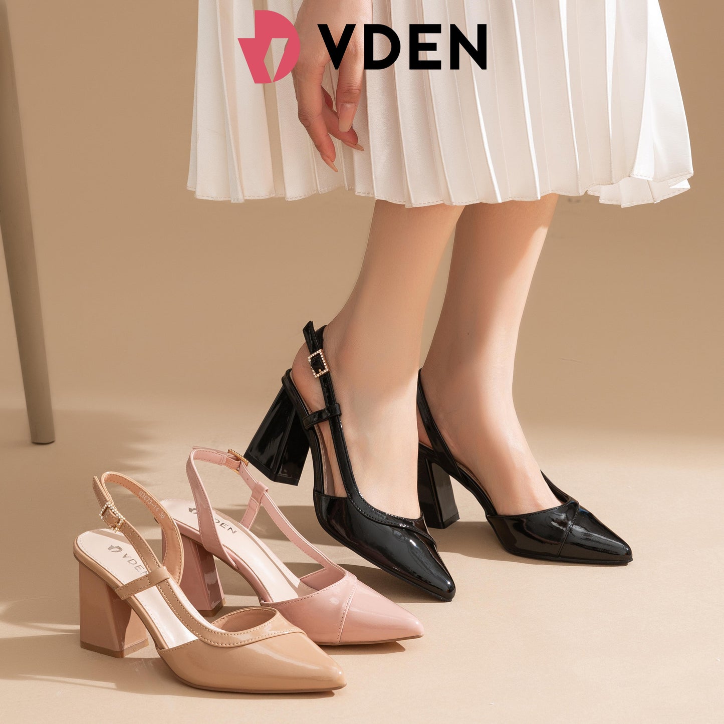 VDEN Closed Pointed Toe Chunky Heels Slingback Pumps Block Dress Shoes Women 2.9INCH/7.3CM M3673-14 Elegant Classy Footwear Girl Solid Color Patent Leather Pointed Toe Thick Heel Shoes Summer Slingback Shoes All-match Thick Heel Sandals