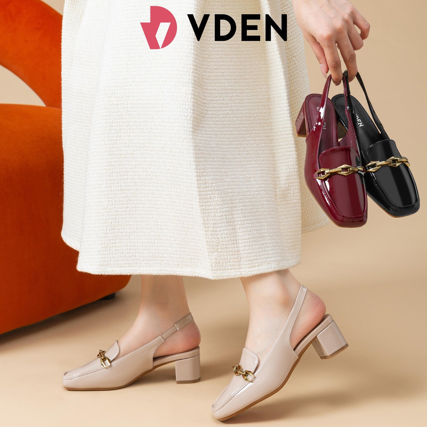 VDEN Women's Square Toe Chunky Heel Slingback Shoes Patent Leather 1.7INCH/4.5CM 558-90 Old Money Style Ladies' Rough Square Shoes Fashionable Patent Square Toe Slingback Chunky Heels Patent Leather Square Toe Block Heel Women's Sandals Shoes