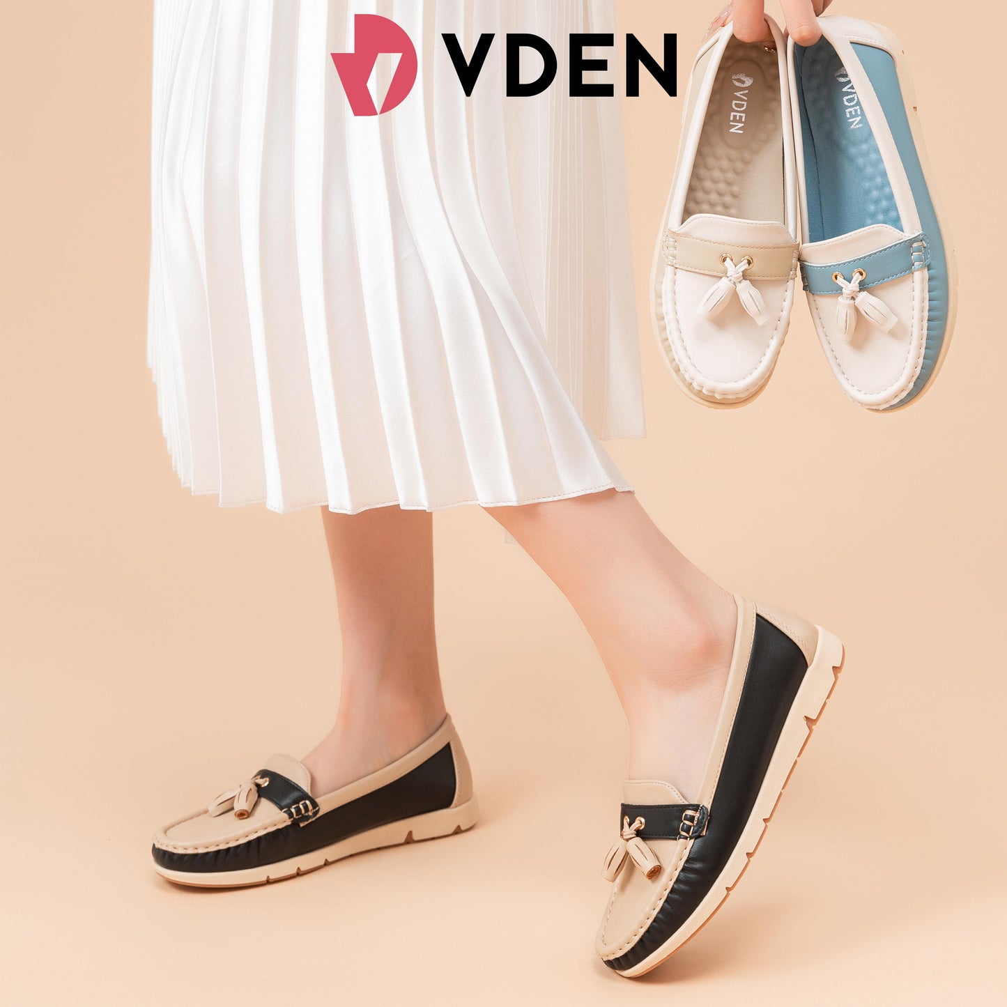 VDEN Ladies Leather Loafer Shoe Women's Memory Foam Slip On 0.6INCH/1.5CM 8813-10 Retro Tassel Slip-On Loafers for Women Comfy Tassel Moccasin Slip-Ons Stylish Colorblock Casual Flats Comfortable Soft Sole Loafers with Tassels