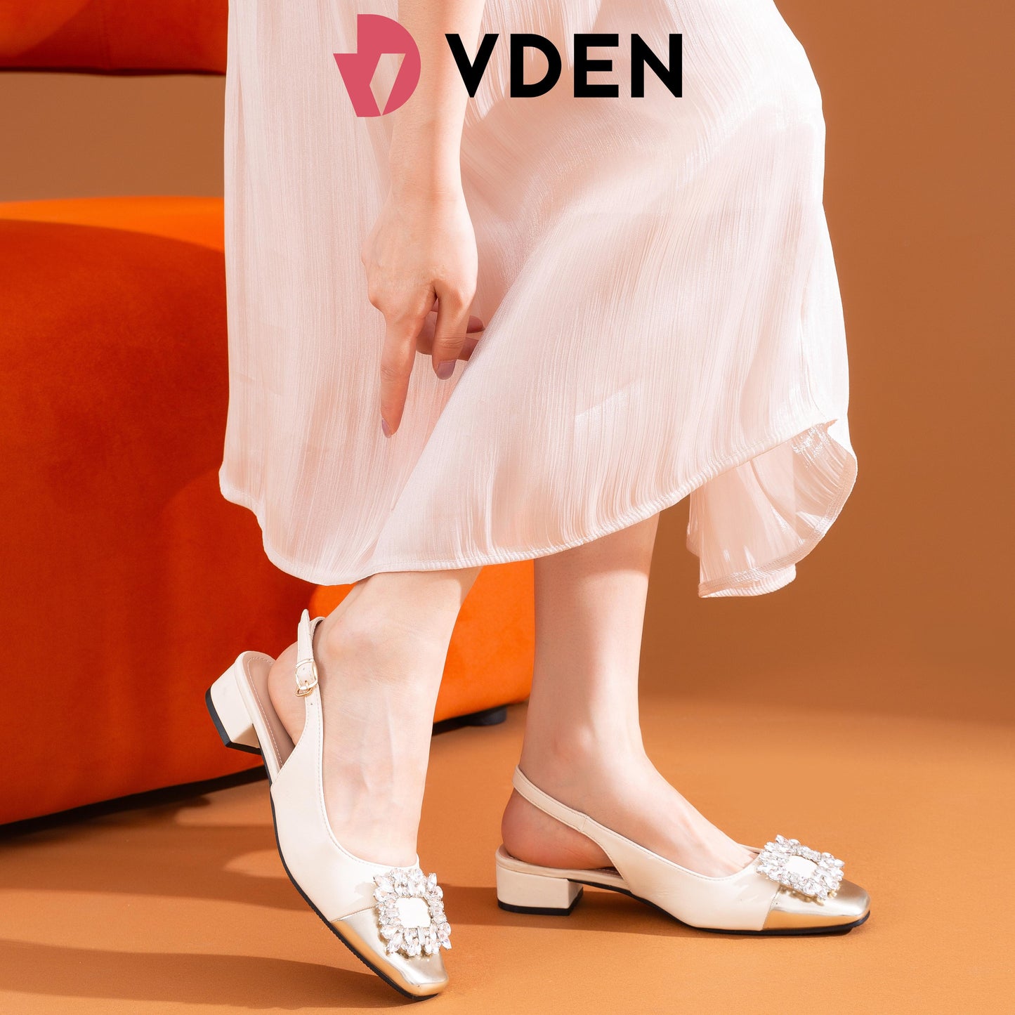 VDNE Rhinestone Square Toe Thick Heel For Women (NEED ADD 1 SIZE) 3CM/1.1INCH Square Buckle Slingback Shoes K338-3 Retro Color Block Heels