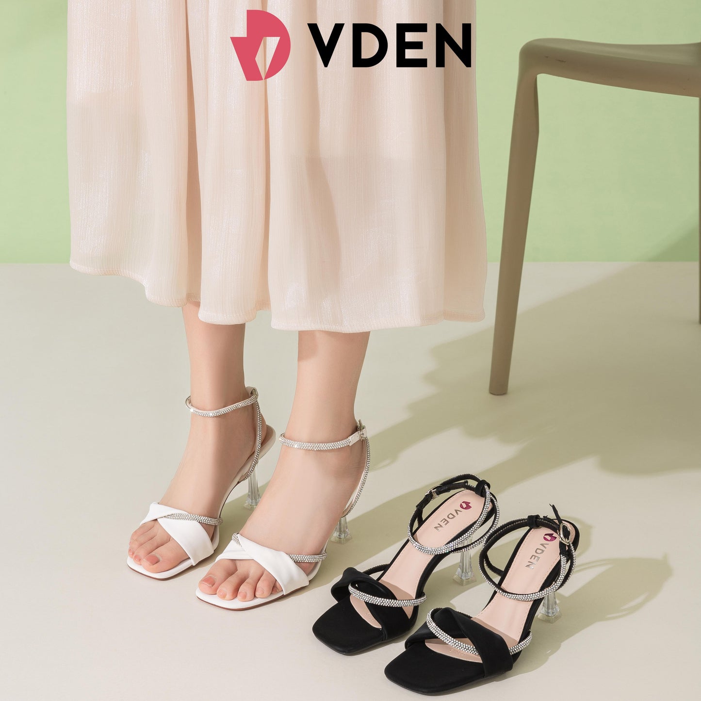 VDEN Open Toe Mid Heels Ankle Strap Rhinestone Clear Sandal 3.2INCH/8.5CM 631-5 Rhinestone Decorated Crystal Heel High Heels Open Toe Single Strap Sandals Stiletto Sexy High Heels Party High Heels