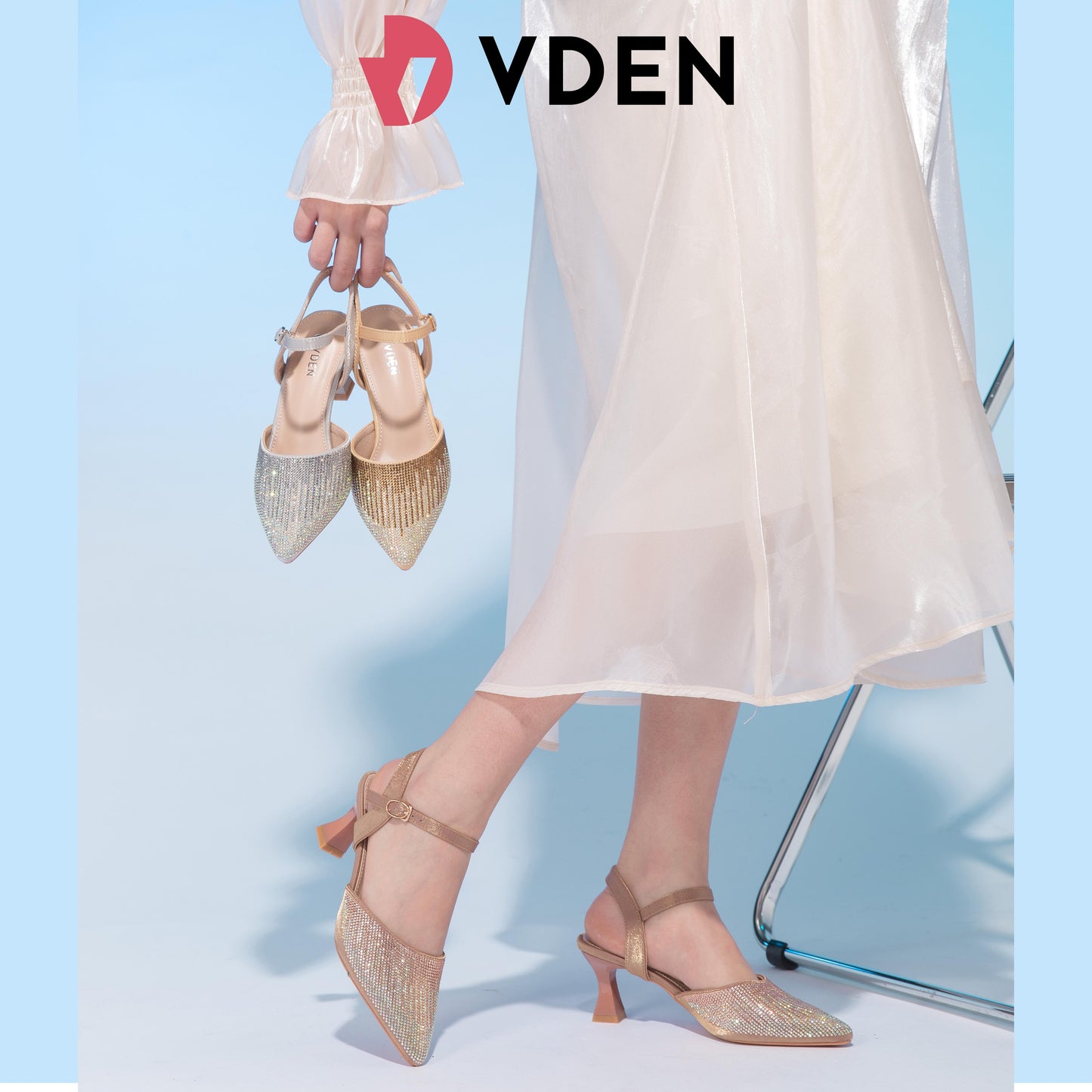VDEN High-Heeled Shoes For Women (V008-2) 2024 Spring New Women's Fashion Versatile Pointed Toe Stiletto Heel Rhinestone Sandals
