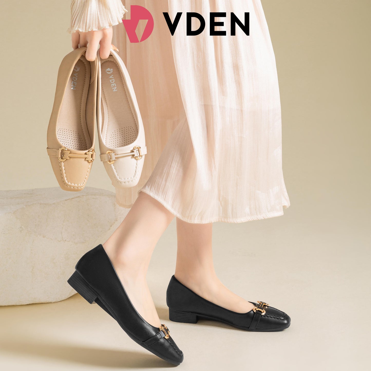 VDEN Square Toe Office Slip-on Shoes For Women 1INCH/2.5CM 628-342 Elegant Women Textured Small Heel Pumps Shoes Simple Low-heeled Women's Shoes Comfortable Commuting Thick-heeled Shoes With Metal Buckle Decoration
