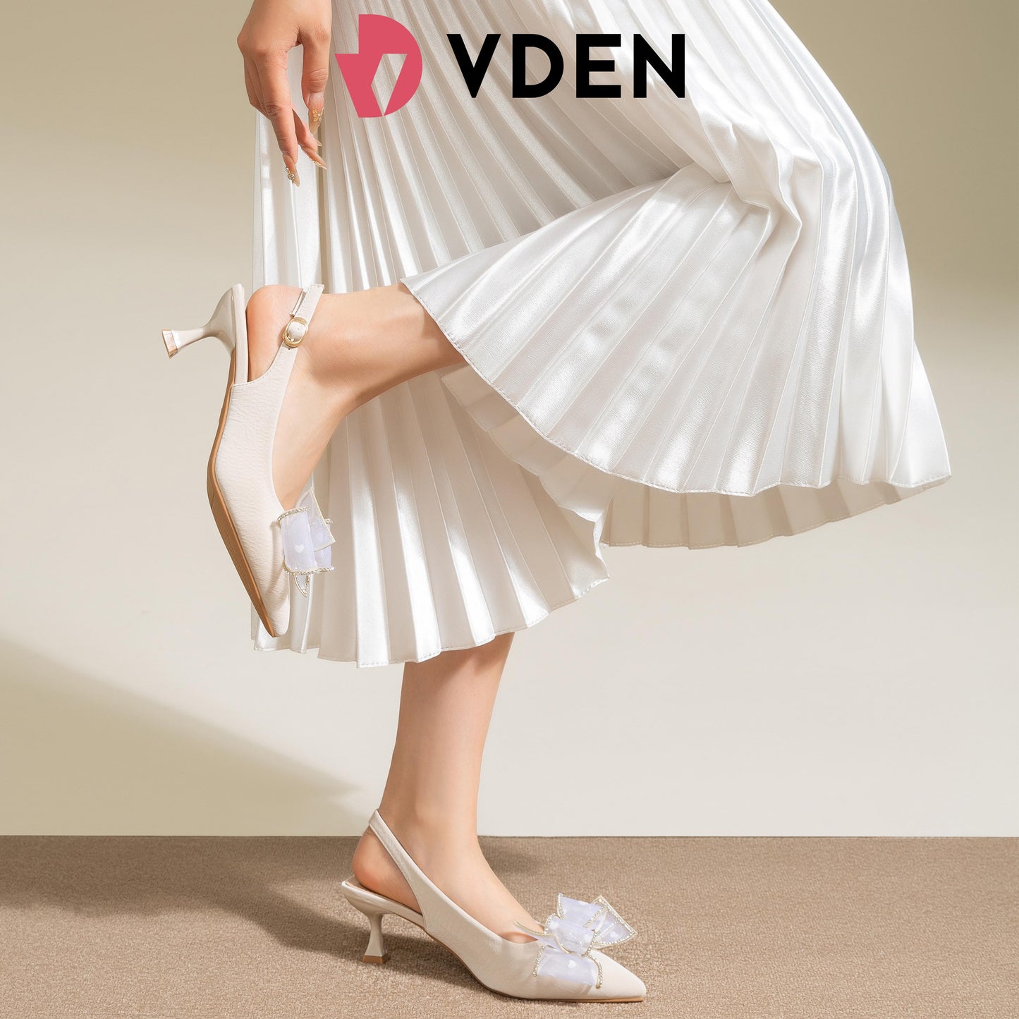 VDEN Women's Luxury Sandals Mid Heels Bow Tie Pointed Slingback Shoes 2.5INCH/6CM 326-12 Elegant Bow Slingback Heels for Women Chic Pointed Toe Kitten Heels with Bow Graceful Ribbon Bow Evening Heels Crystal Bow Wedding & Party Heels