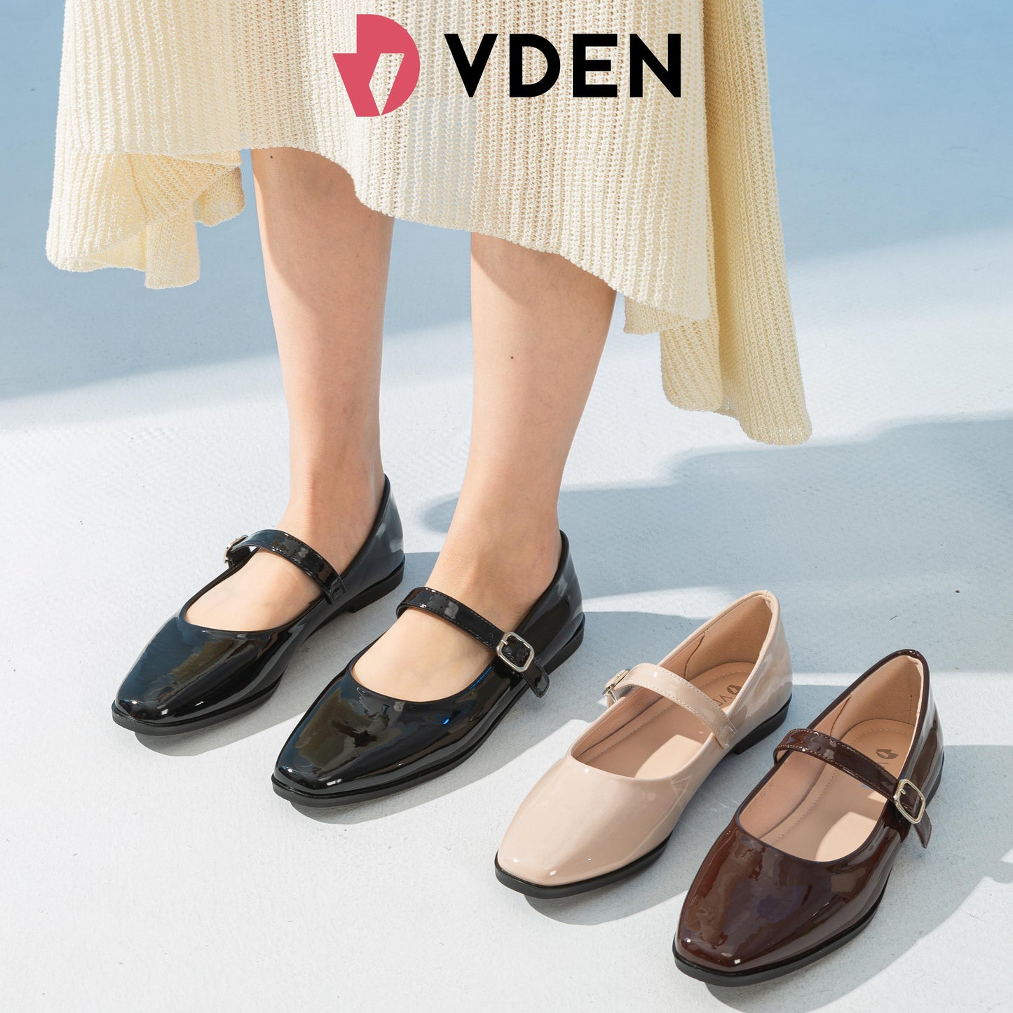 VDEN Patent Square Toe Mary Janes Shoes For Women 0.5INCH/1.4CM 315-12 Korean Style Slip-on Elastic Flat Shoes Solid Color Simple Student Shoes