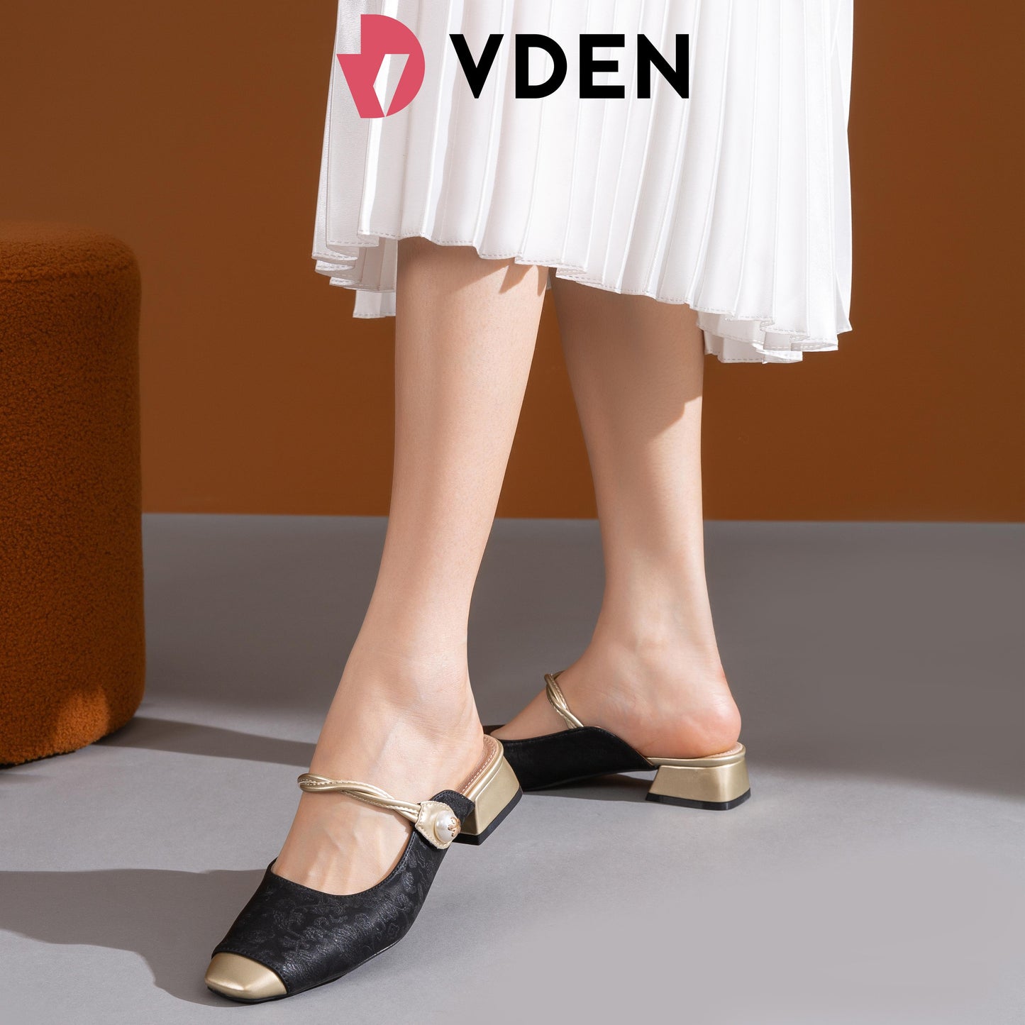VDEN Block Heel Square Toe Mule Shoes for Women 3CM/1.1INCH Color Block Special Fabric Sandals K792-1 Ladies Slip-on Shoes
