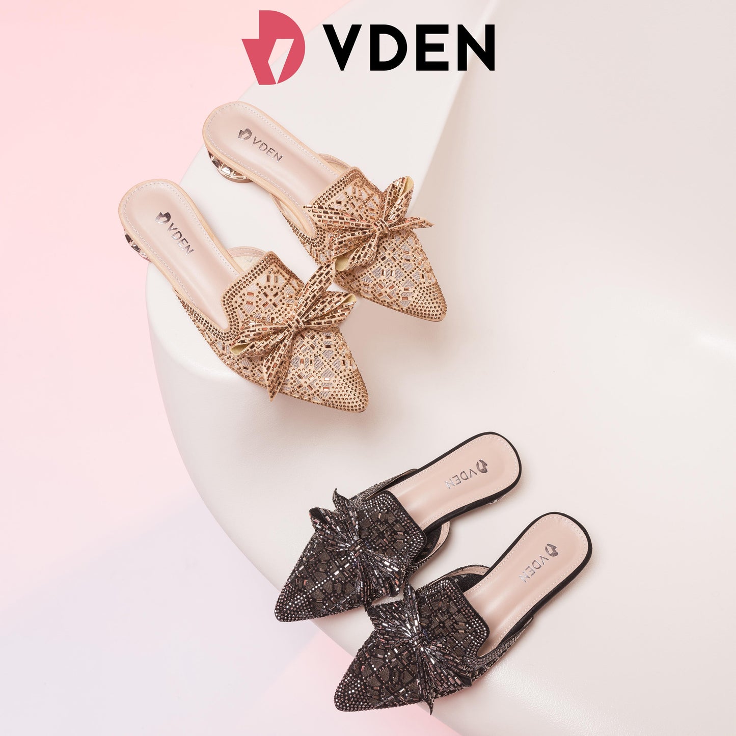 VDEN Trendy Bow-Knot Light weight Slide Slip-ons Stack Heel Pumps Sandals (add 1 size) (3 cm/1.2 Inch heels) 555-284