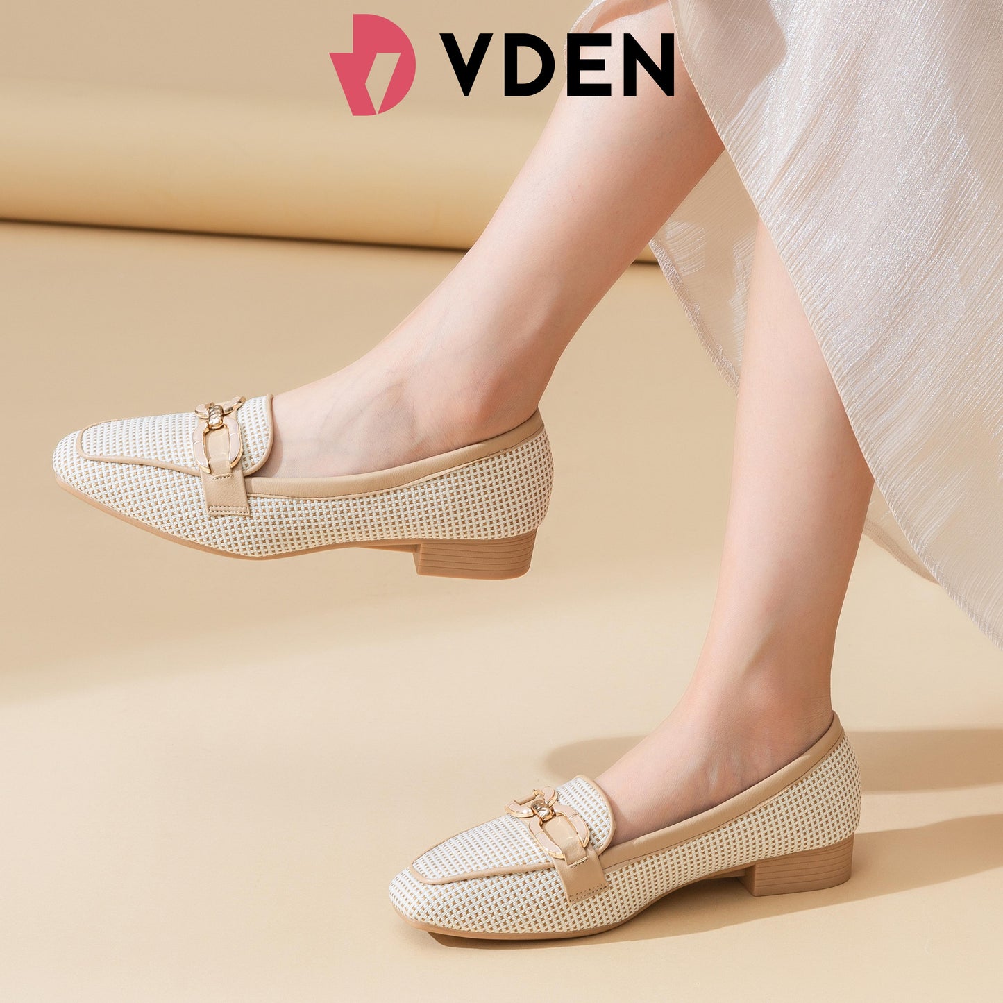VDEN Slip-On Loafers loafers Dress Shoes Black With Dots Design 1INCH/2.5CM 628-703 Korean Style Breathable Woven Loafers Elegant Mesh Low Heel Loafers Tweed-Style Flat Loafers with Metal Buckle