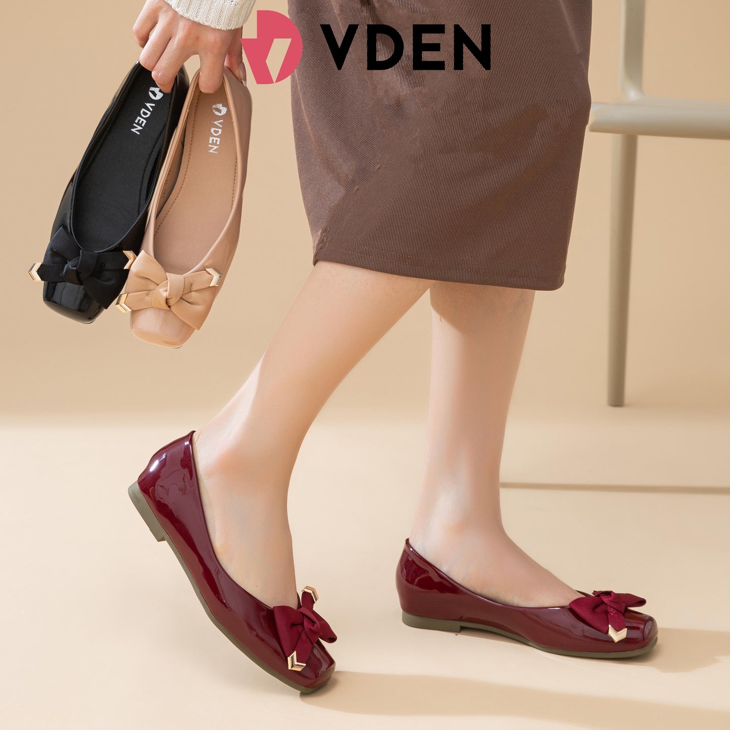 VDEN Patent Leather Bowknot Embellished Square Toe Ballet Flats For Women 0.5INCH/1.2CM 329-15 Korean Square Toe Flat Shoes With Bow Accessories Preppy Style Women's Slip-on Flats Shoes