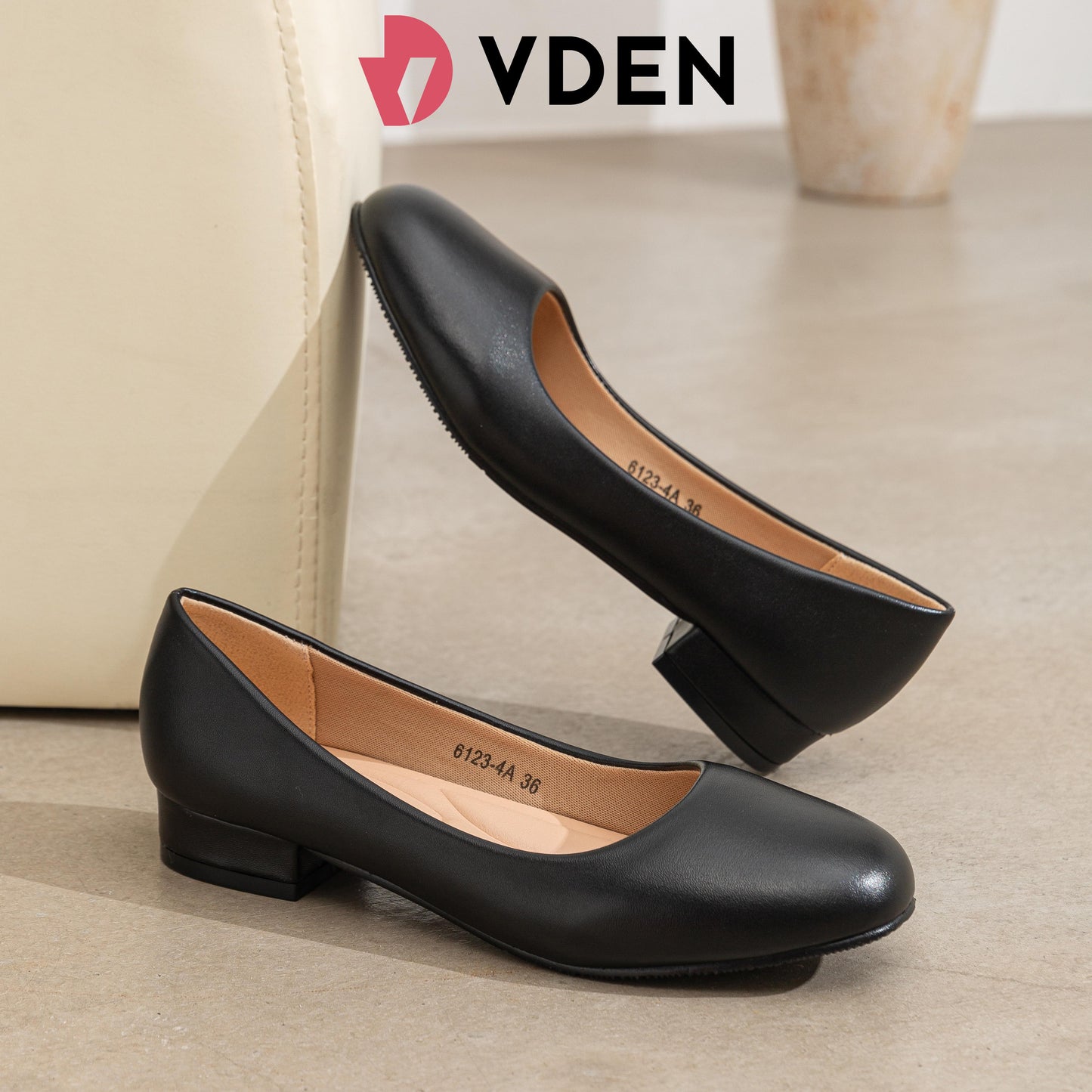 VDEN Women's Black Leather Low Heel Pumps 1INCH/2.5CM 6123-4A Comfortable Slip-On Office Formal Work Shoes Anti-Slip Round Toe Casual Flats Women's Round Toe Black Leather Block Heel Pump Shoes Women's Formal Black Leather Shoes Office Work School Shoes