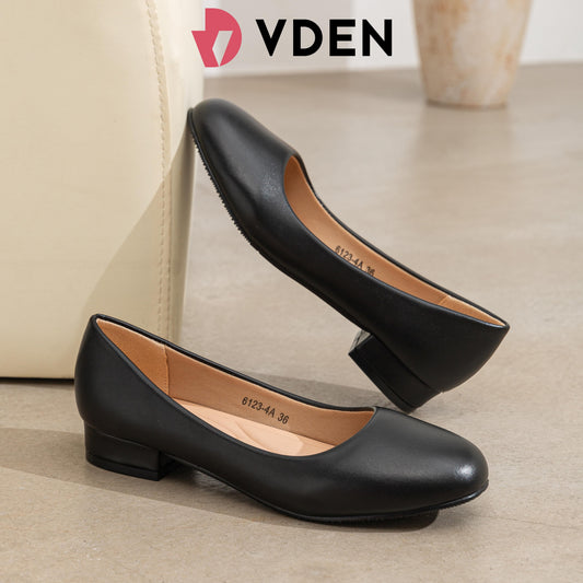 VDEN Women's Black Leather Low Heel Pumps 1INCH/2.5CM 6123-4A Comfortable Slip-On Office Formal Work Shoes Anti-Slip Round Toe Casual Flats Women's Round Toe Black Leather Block Heel Pump Shoes Women's Formal Black Leather Shoes Office Work School Shoes