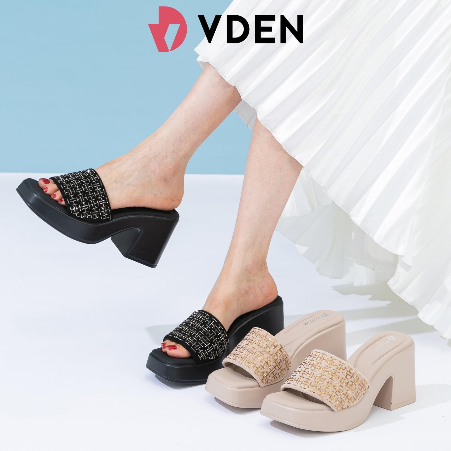 VDEN Rhinestone High Chunky Platform Sandals For Women 3.2INCH/8.5CM 1377-D1 Stylish Thick-soled Pumps With Versatile And Lightweight Heels Mule Open Toe Slip-ons Heels