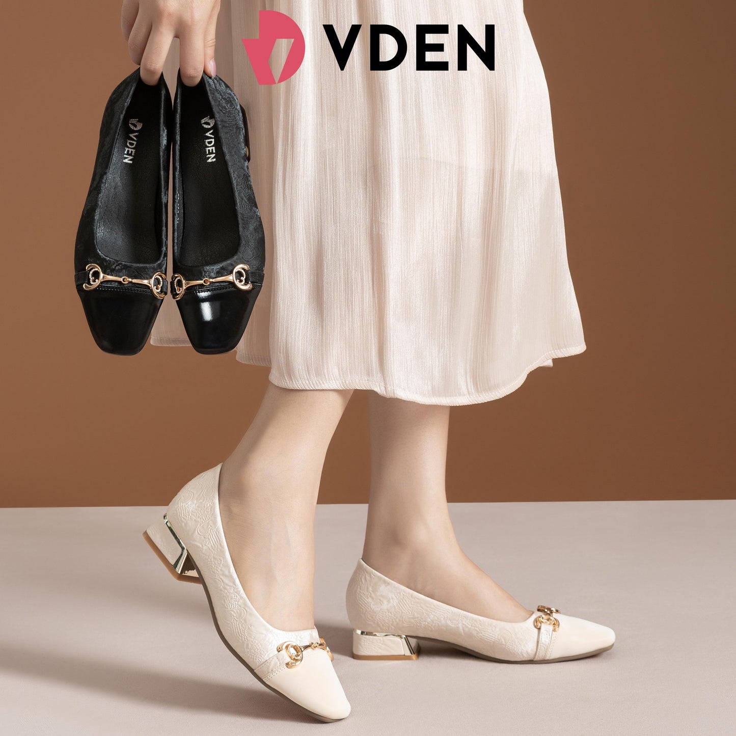 VDEN Leather Buckle Mid Heel Shoes for Women 2.6CM/1INCH Old Money Style Commuting Shoes For Women 78-304 Low Heel Fashionable Square Toe Versatile Thick Heel Shoes