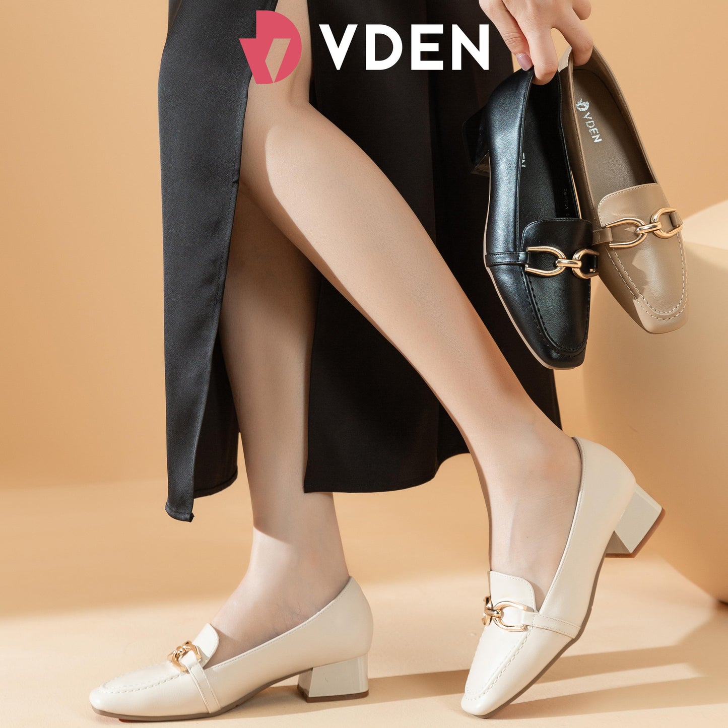 VDEN Leather Heel Gold Buckle Square Toe For Women 3.6CM/1.5INCH Square Toe Thick Heel Old Money Style Loafers Heels 78-301 Women's Office Shoes Footwear