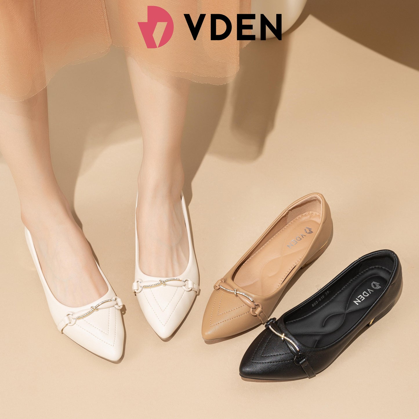 VDEN Pointed Toe Slip-on Shoes For Women Office Shoes Thick Low Heels 1INCH/2.5CM 893-619 Cute Chain Women's Pointed Low Shoes Comfortable Leather Shoes Ballet Girl Footwear