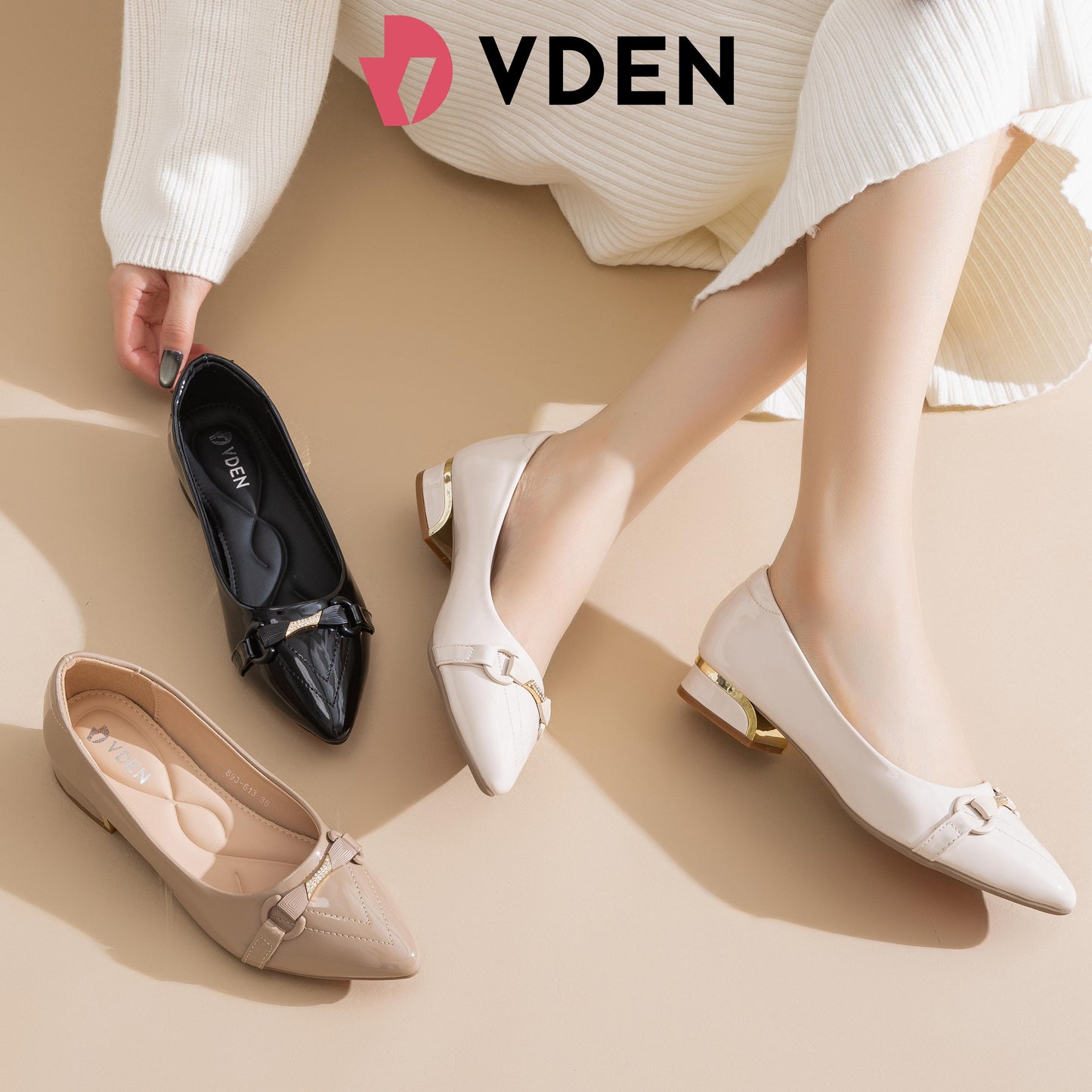 VDEN Pointed Mid Heels Classy Chunky Heeled  Shoes 1INCH/2.5CM 893-613 Pointed Toe Patent Leather Low Heels Comfort Korean Style Slip-on Women's Shoes