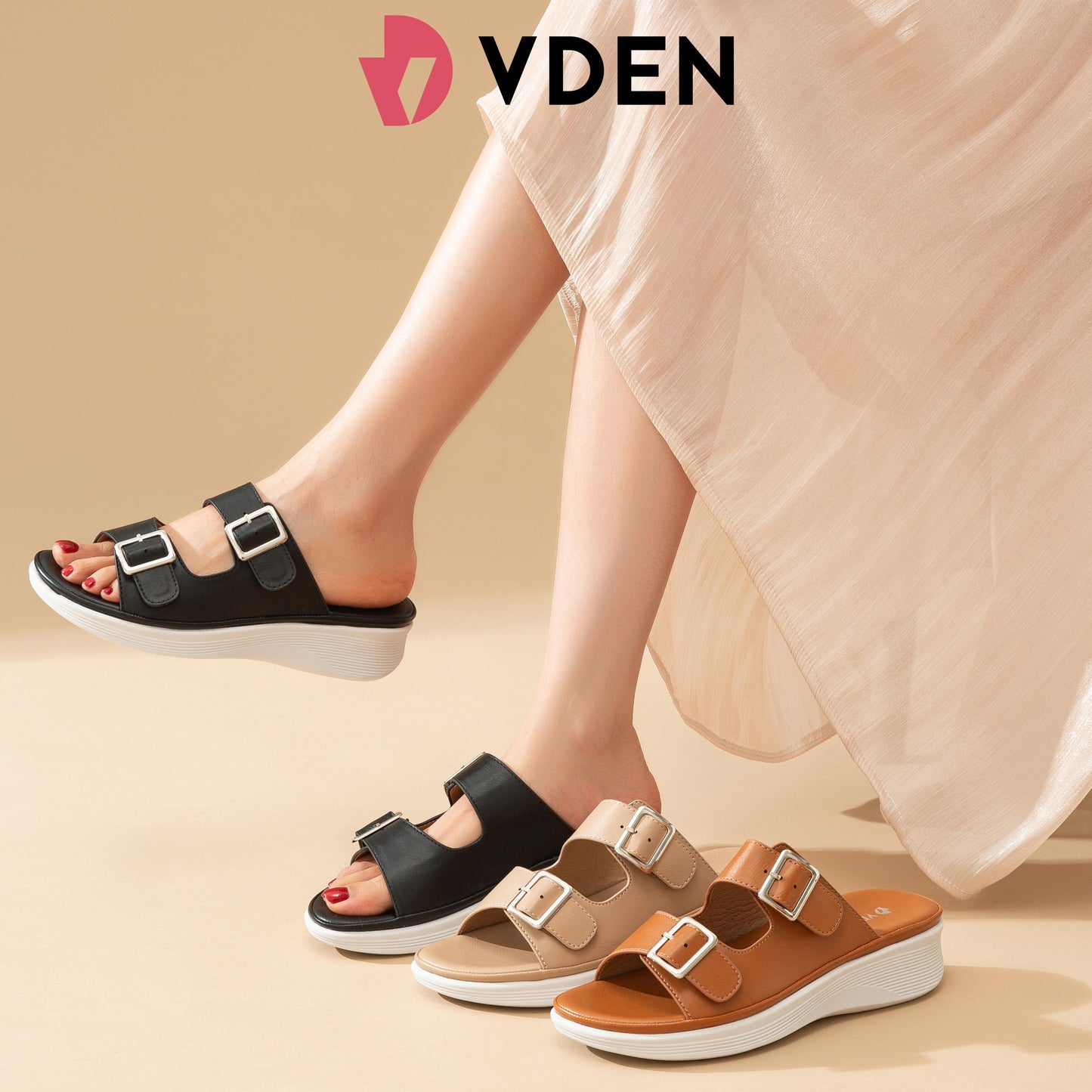 VDEN Buckle Casual Women's Slide Sandals 1.5INCH/3.7CM 9879-1 Open Toe Thick Sole Versatile Casual Sandals For Women Comfy Summer