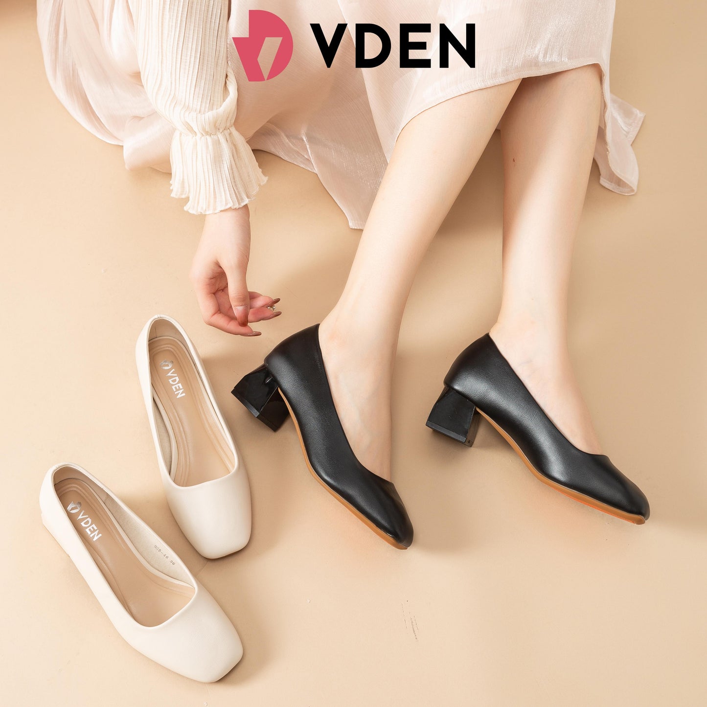 VDEN Slip-on Square Toe Mid Heel Dress Pumps Shoes For Women 1.7INCH/4.4CM 558-46 Simple Student Black Heel Shoes Office Thick Heel Women's Shoes