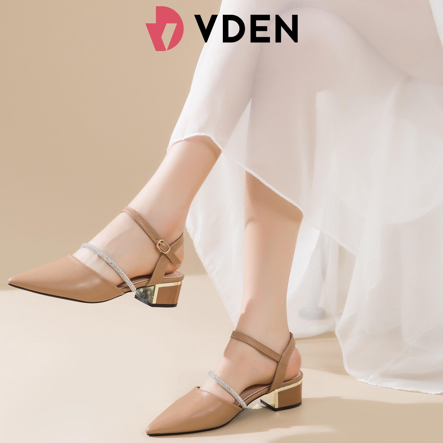 VDEN Slingback heels Pointed Toe for Women 1.5INCH/4CM 1169 Simple Solid Color Pointed Toe Rhinestone Block Heel Sandals