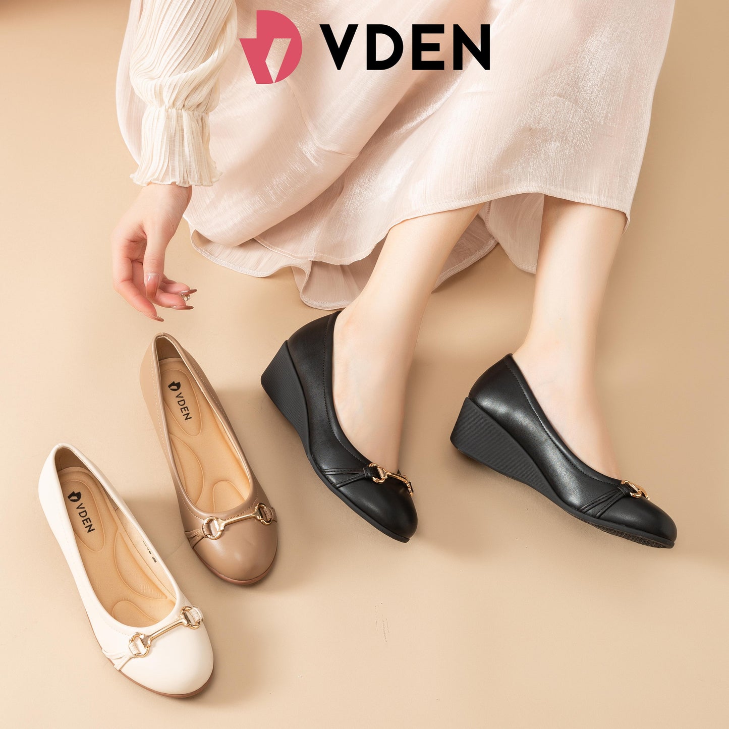 VDEN Nude Mid Heels Wedge Cap Toe Slip On Shoe for Women 2INCH/5CM 868-76 Wedge Round Toe Shoes Comfortable Work Shoes Office Shoes For Women