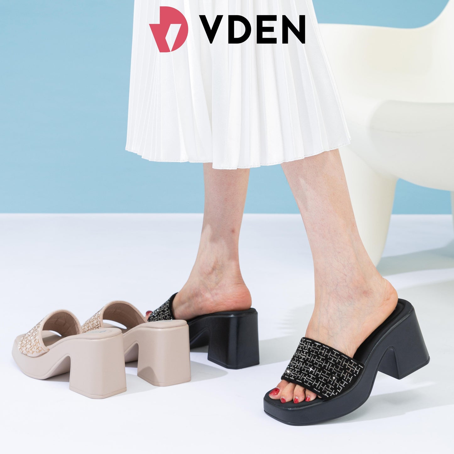 VDEN Rhinestone High Chunky Platform Sandals For Women 3.2INCH/8.5CM 1377-D1 Stylish Thick-soled Pumps With Versatile And Lightweight Heels Mule Open Toe Slip-ons Heels