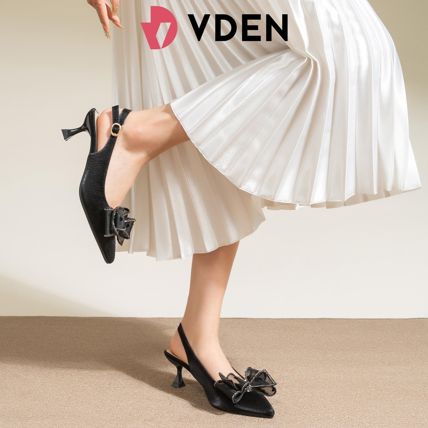 VDEN Women's Luxury Sandals Mid Heels Bow Tie Pointed Slingback Shoes 2.5INCH/6CM 326-12 Elegant Bow Slingback Heels for Women Chic Pointed Toe Kitten Heels with Bow Graceful Ribbon Bow Evening Heels Crystal Bow Wedding & Party Heels