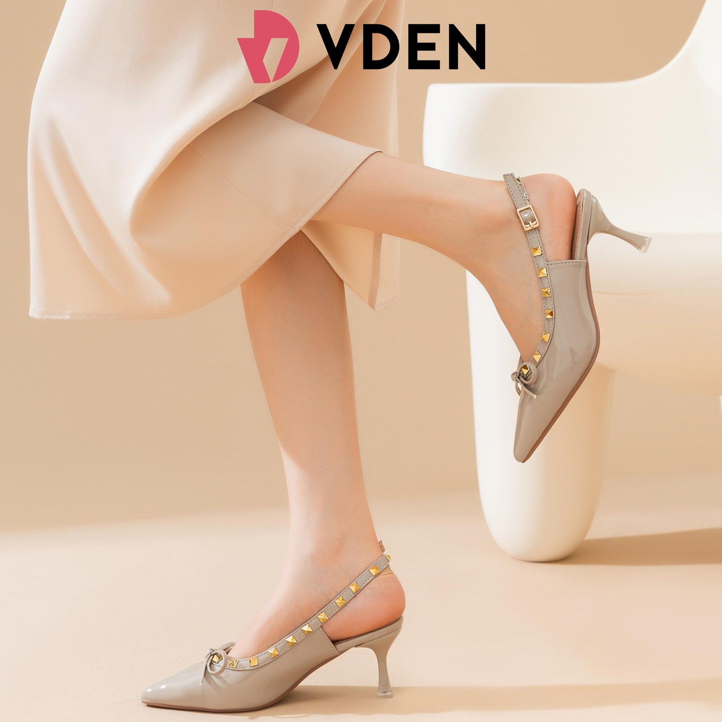 VDEN French Rivet Studded Stilettos Heels Ankle Strap Sandals For Women 2.7INCH/7CM 1121-13 Temperament Versatile Slingback Sandals Office Women's Heels