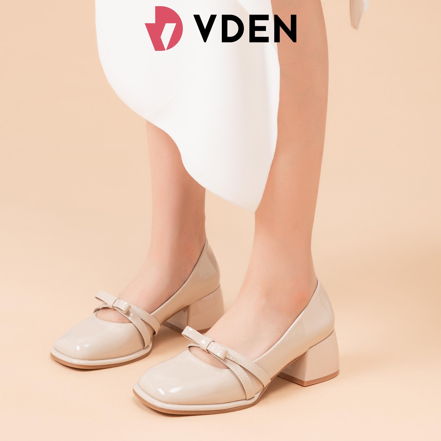 VDEN Fashionable Ribbon Chunky Heeled Lady Pumps Shoes 2INCH/5CM 311-59 Korean Style Elegant Square Toe Thick Heel Mary Jane Patent Leather Shoes Bow Decoration