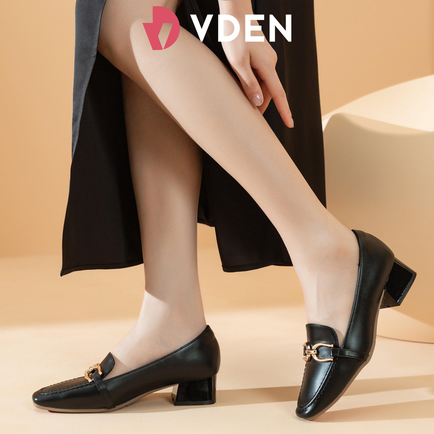 VDEN Leather Heel Gold Buckle Square Toe For Women 3.6CM/1.5INCH Square Toe Thick Heel Old Money Style Loafers Heels 78-301 Women's Office Shoes Footwear