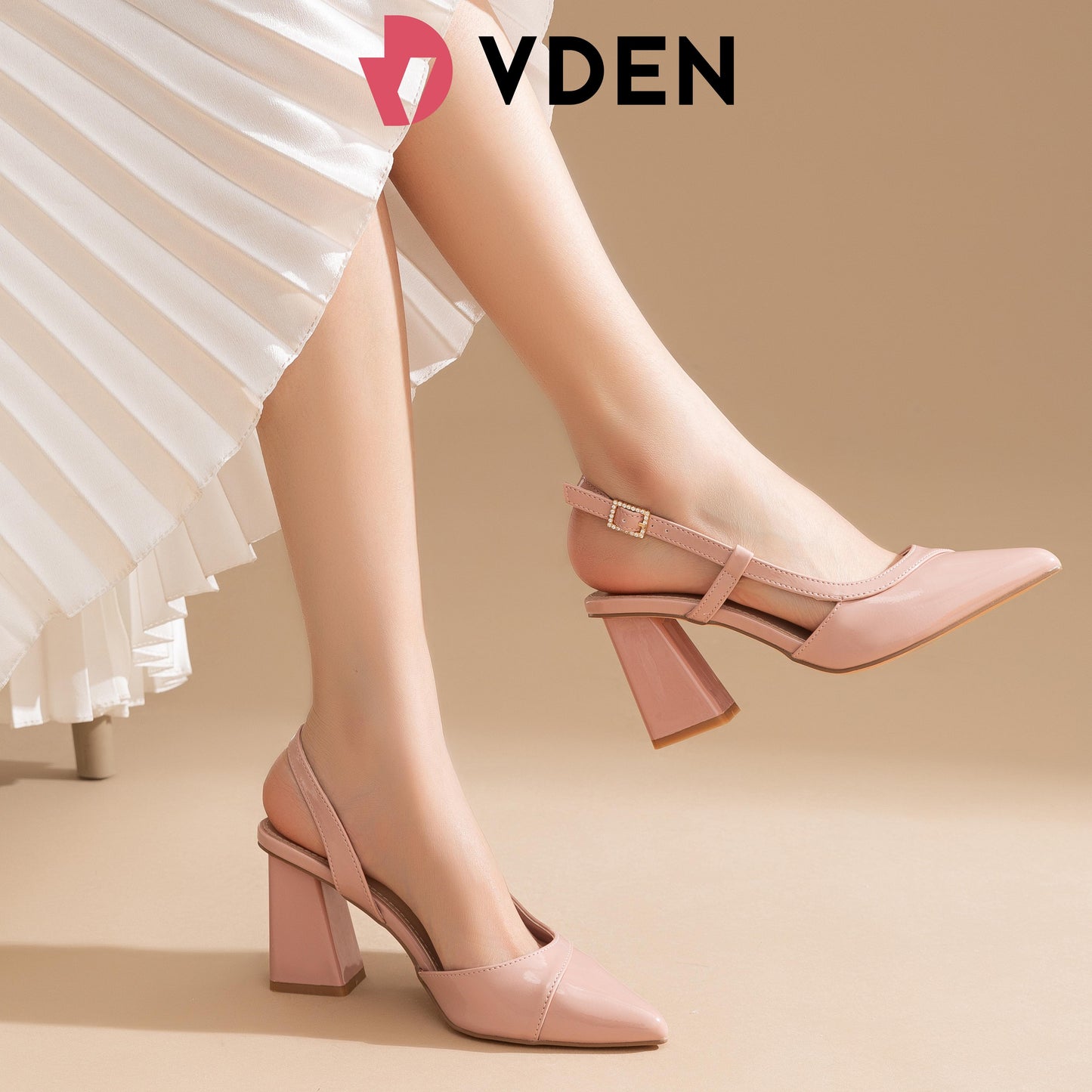 VDEN Closed Pointed Toe Chunky Heels Slingback Pumps Block Dress Shoes Women 2.9INCH/7.3CM M3673-14 Elegant Classy Footwear Girl Solid Color Patent Leather Pointed Toe Thick Heel Shoes Summer Slingback Shoes All-match Thick Heel Sandals