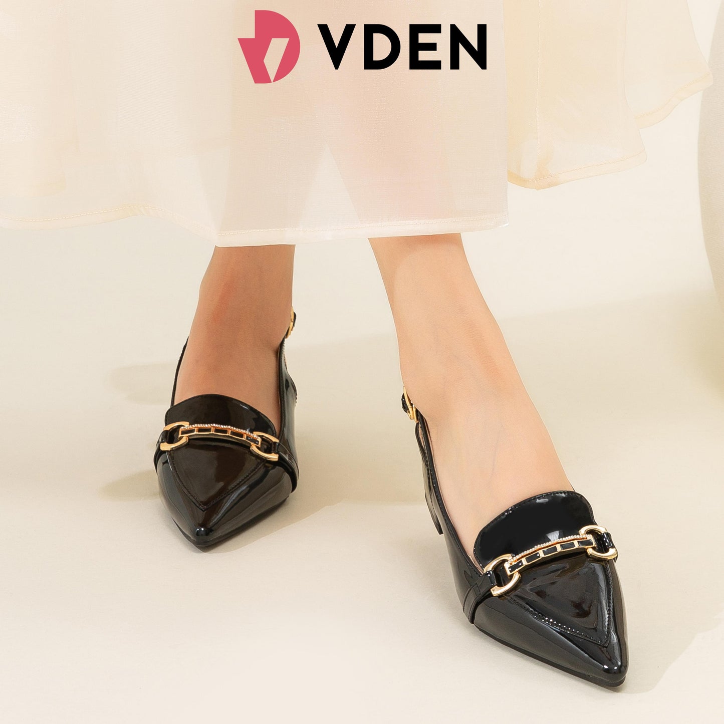 VDEN Slingback Low Block Heels Pointed Toe Office Work Pumps Shoes 1.7INCH/4.5CM 528-12 Korean Style Simple Patent Leather Slingback Shoes Old Fashion Thick Heels