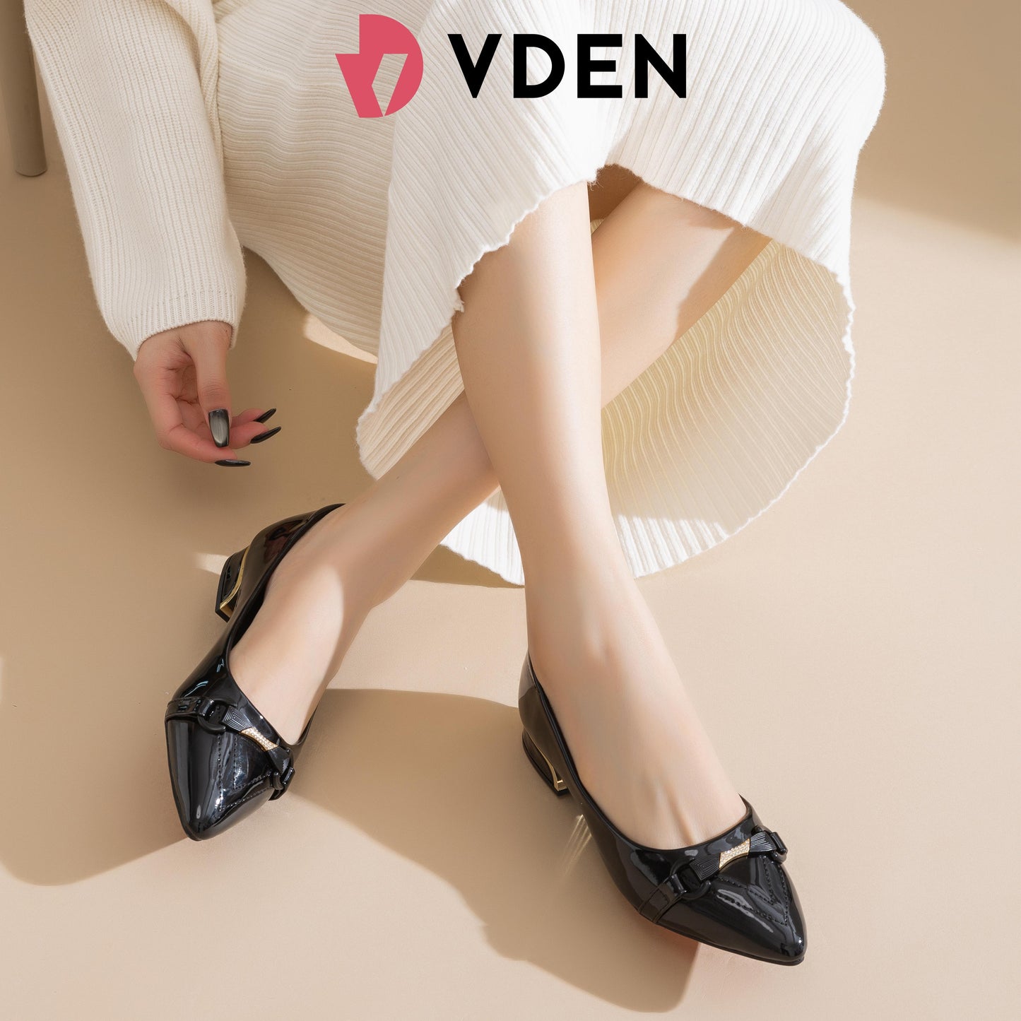 VDEN Pointed Mid Heels Classy Chunky Heeled  Shoes 1INCH/2.5CM 893-613 Pointed Toe Patent Leather Low Heels Comfort Korean Style Slip-on Women's Shoes