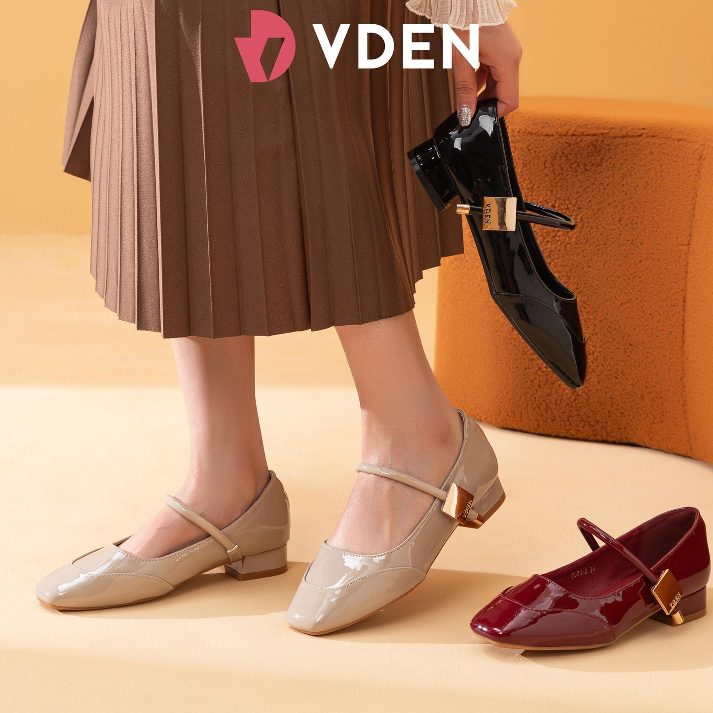 VDEN Ankle Strap Square Toe Shoes Slip On Chunky Low Heels Pumps Loafer 1INCH/2.7CM 2891-3 Thick Heel Mary Jane Shoes With Velcro Simple Patent Leather Student Shoes Mary Jane Shoes