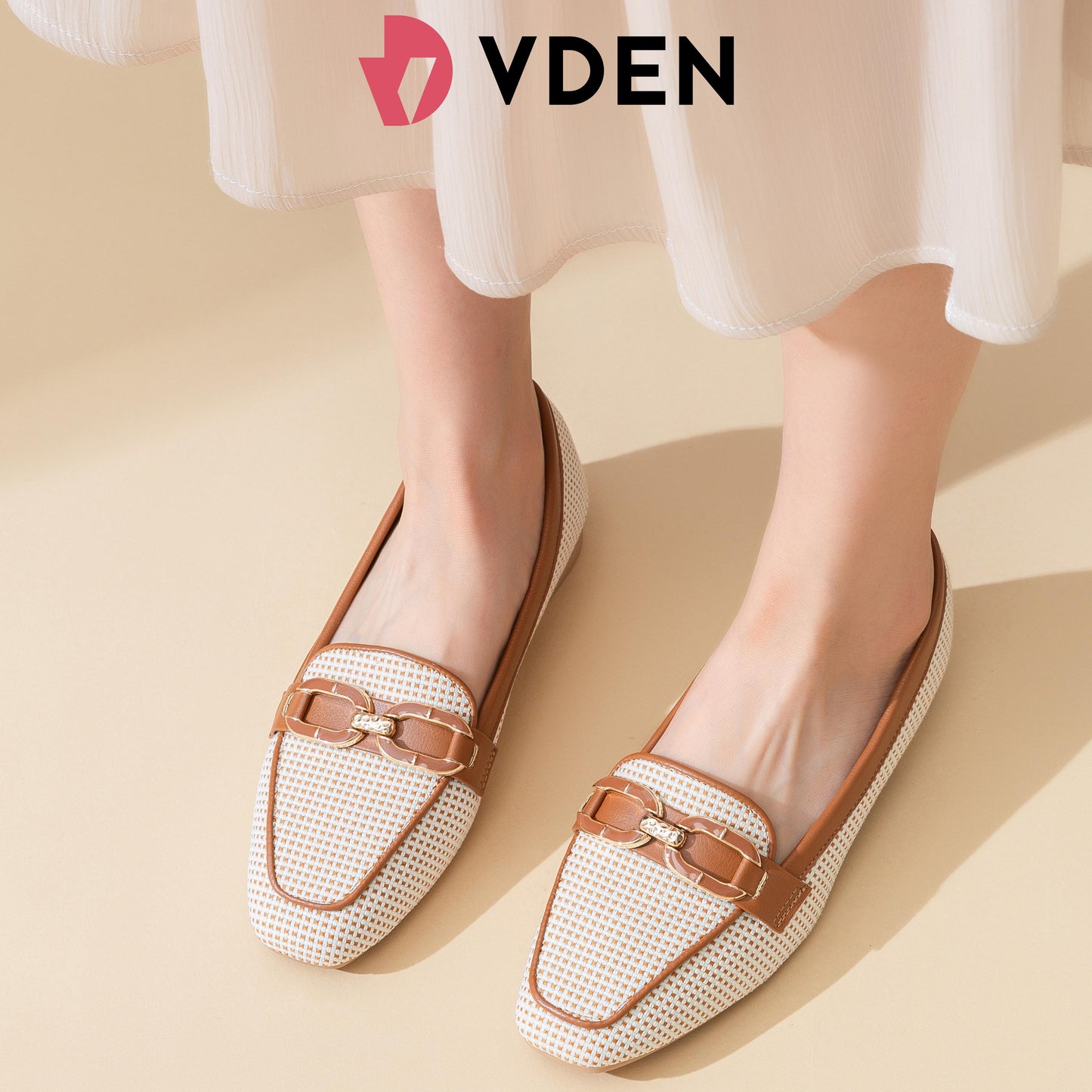 VDEN Slip-On Loafers loafers Dress Shoes Black With Dots Design 1INCH/2.5CM 628-703 Korean Style Breathable Woven Loafers Elegant Mesh Low Heel Loafers Tweed-Style Flat Loafers with Metal Buckle