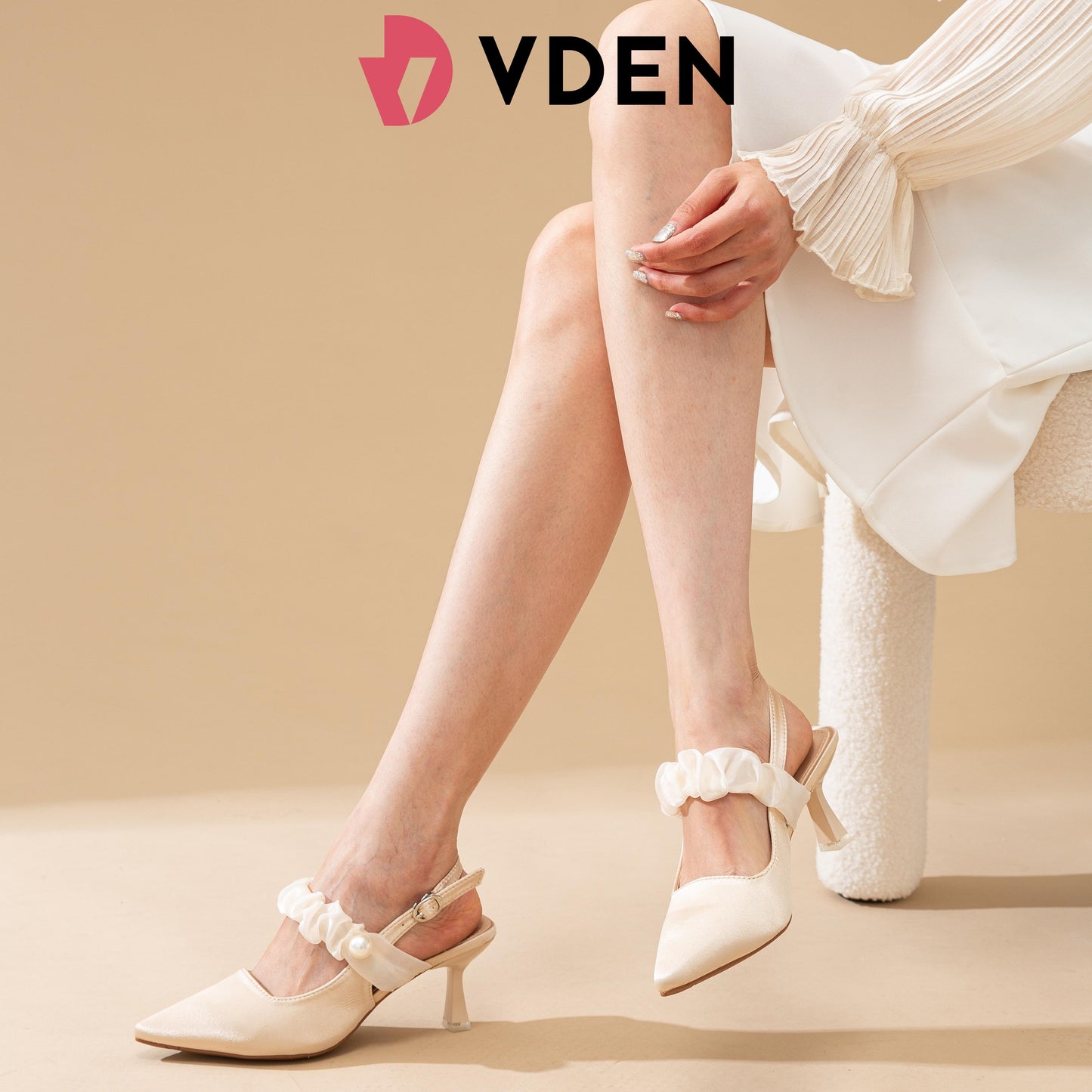 VDEN Kitten Heels With Pearl Mid Heel Shoes For Women（NEED ADD 1 SIZE）2.7INCH/7CM 0080-1 French Satin Pearl Slingback Stilettos