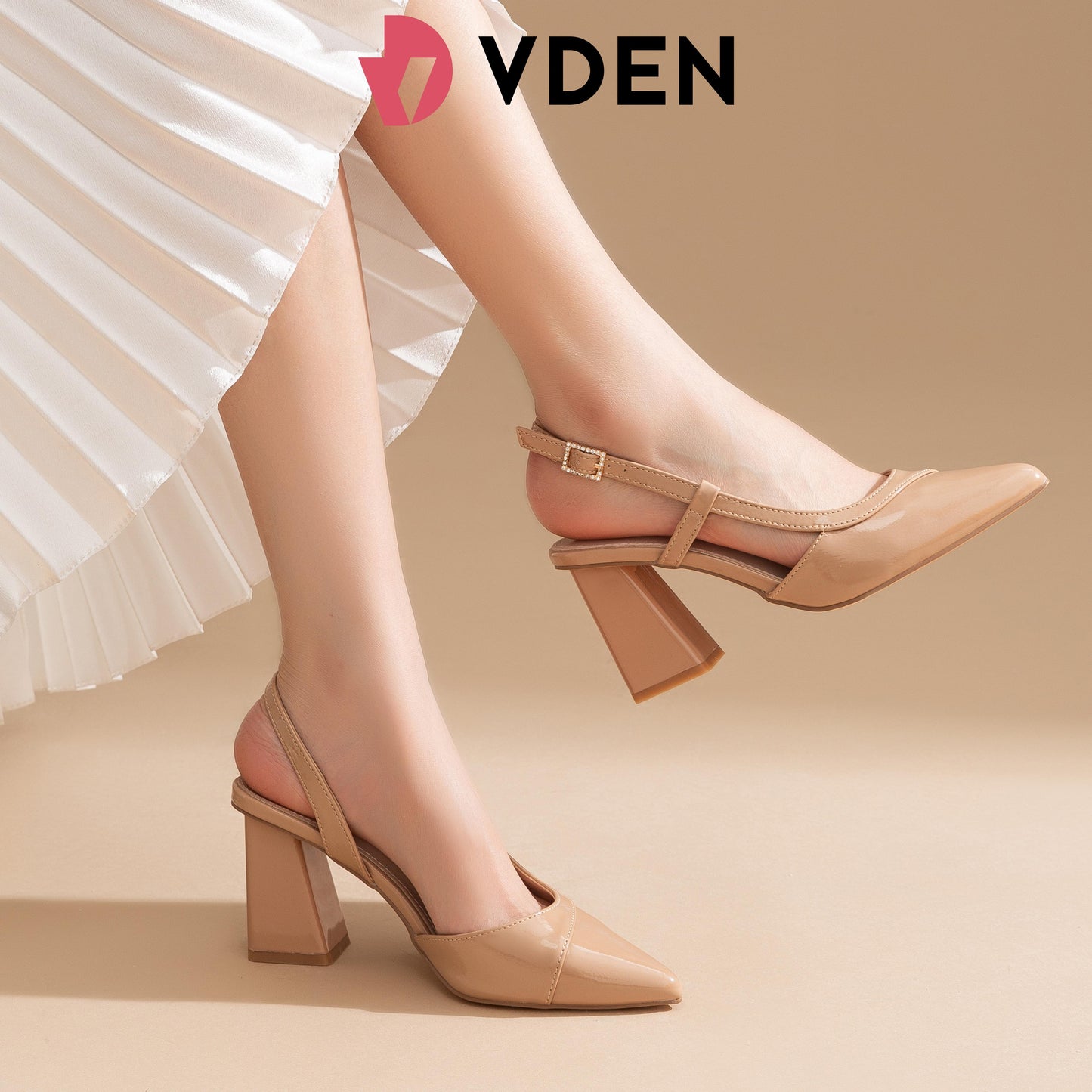 VDEN Closed Pointed Toe Chunky Heels Slingback Pumps Block Dress Shoes Women 2.9INCH/7.3CM M3673-14 Elegant Classy Footwear Girl Solid Color Patent Leather Pointed Toe Thick Heel Shoes Summer Slingback Shoes All-match Thick Heel Sandals
