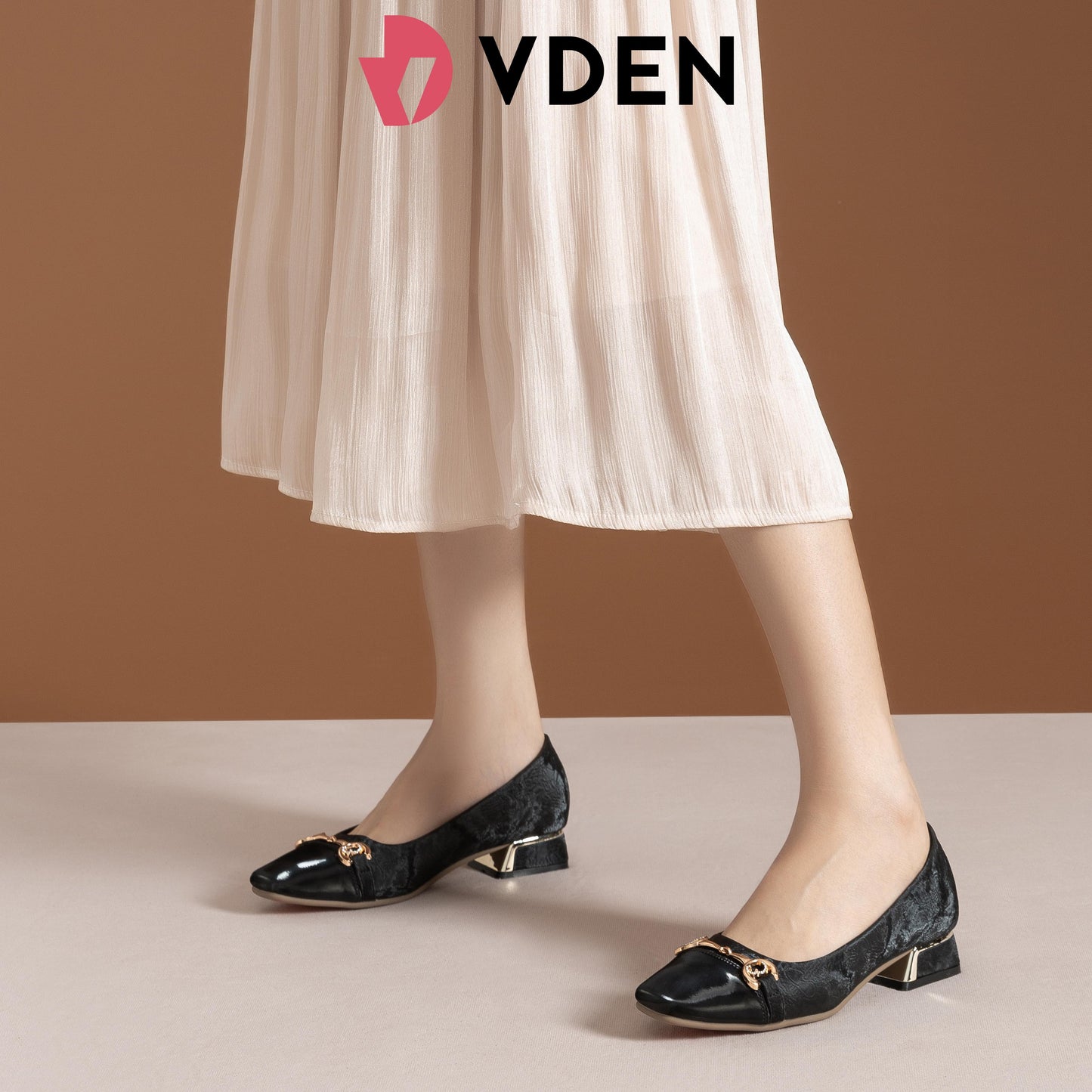 VDEN Leather Buckle Mid Heel Shoes for Women 2.6CM/1INCH Old Money Style Commuting Shoes For Women 78-304 Low Heel Fashionable Square Toe Versatile Thick Heel Shoes