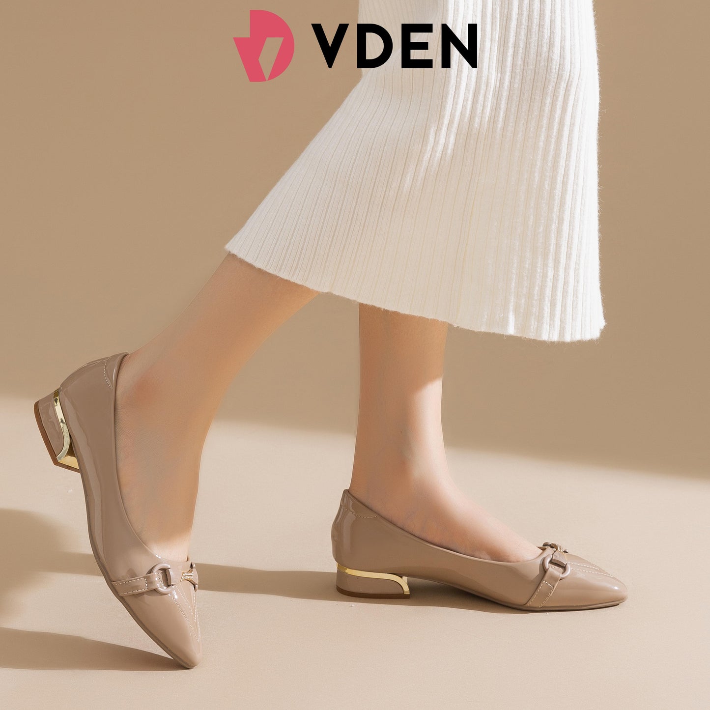 VDEN Pointed Mid Heels Classy Chunky Heeled  Shoes 1INCH/2.5CM 893-613 Pointed Toe Patent Leather Low Heels Comfort Korean Style Slip-on Women's Shoes