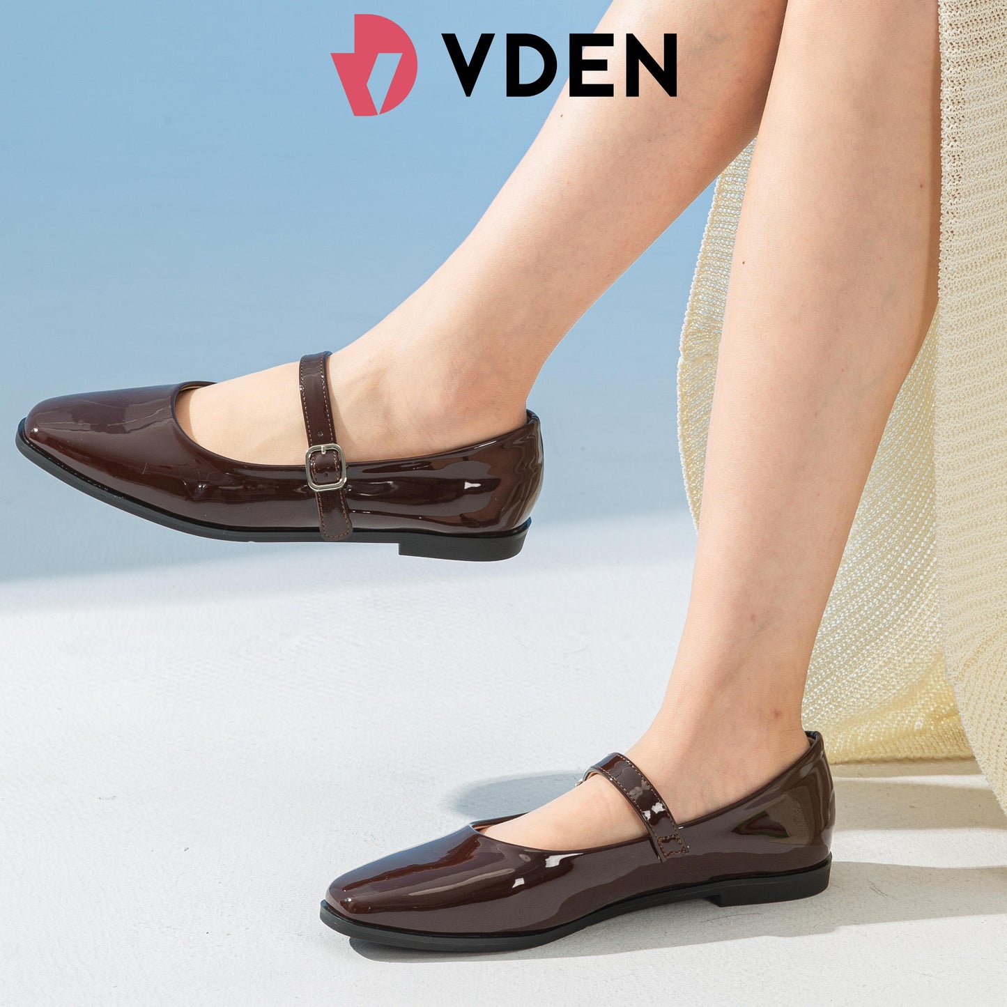 VDEN Patent Square Toe Mary Janes Shoes For Women 0.5INCH/1.4CM 315-12 Korean Style Slip-on Elastic Flat Shoes Solid Color Simple Student Shoes