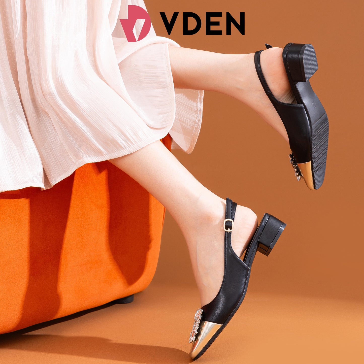 VDNE Rhinestone Square Toe Thick Heel For Women (NEED ADD 1 SIZE) 3CM/1.1INCH Square Buckle Slingback Shoes K338-3 Retro Color Block Heels