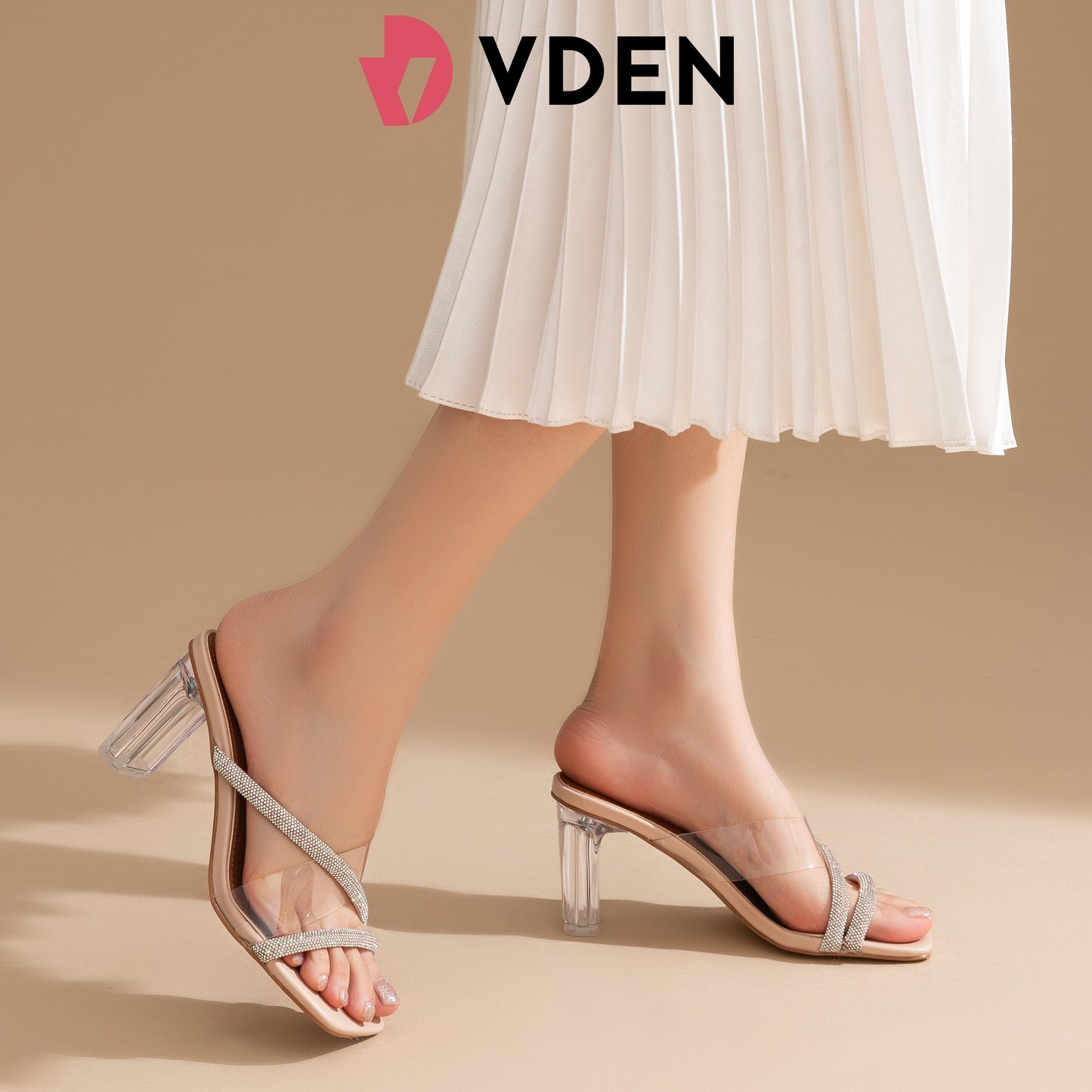 VDEN Heels Women's High-heeled Sandals  Horseshoe Heels 3INCH/7.7CM 1855-D1 Comfort Elegant Girl Footwear Classy Open Toe Rhinestones Decoration Transparent Strap Crystal Heels Sexy Sandals Heels