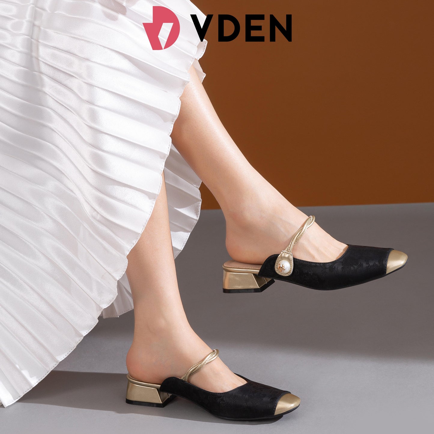 VDEN Block Heel Square Toe Mule Shoes for Women 3CM/1.1INCH Color Block Special Fabric Sandals K792-1 Ladies Slip-on Shoes